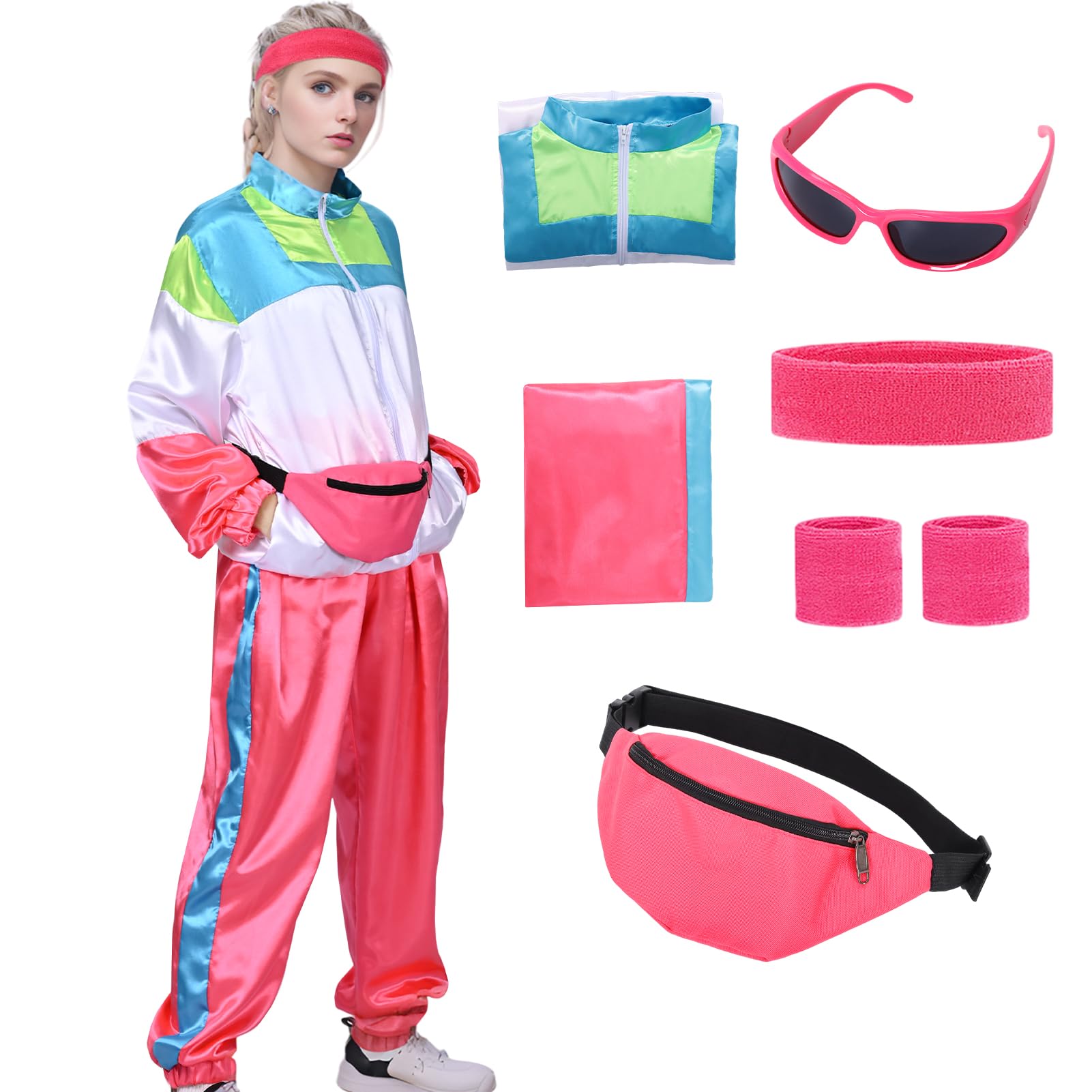 Amycute 80s Shell Suit for Men Women Retro 80s Tracksuit, 1980s Disco Fancy Dress 80s 90s Costume Outfits Adults Halloween