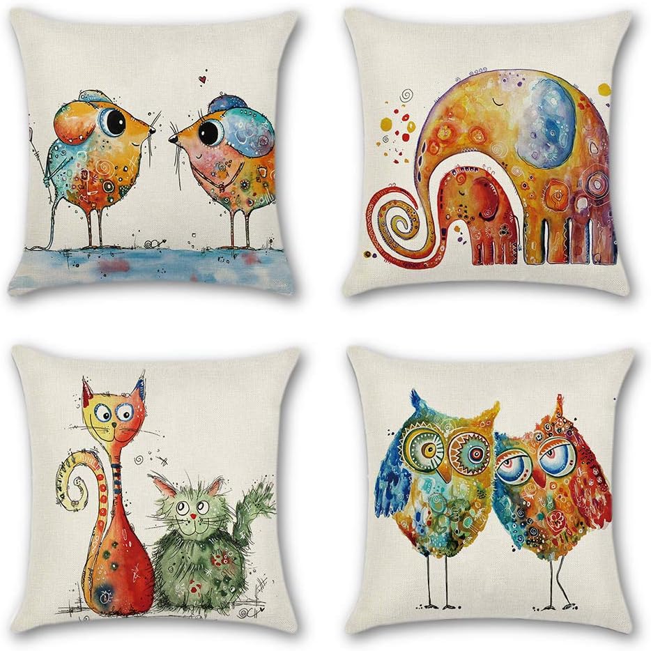 Artscope Set of 4 Decorative Soft Polyester Cushion Covers for Sofa Car 45 x 45 cm Square Throw Pillow Covers Pillowcases with Invisible Zipper (Cartoon Animals)