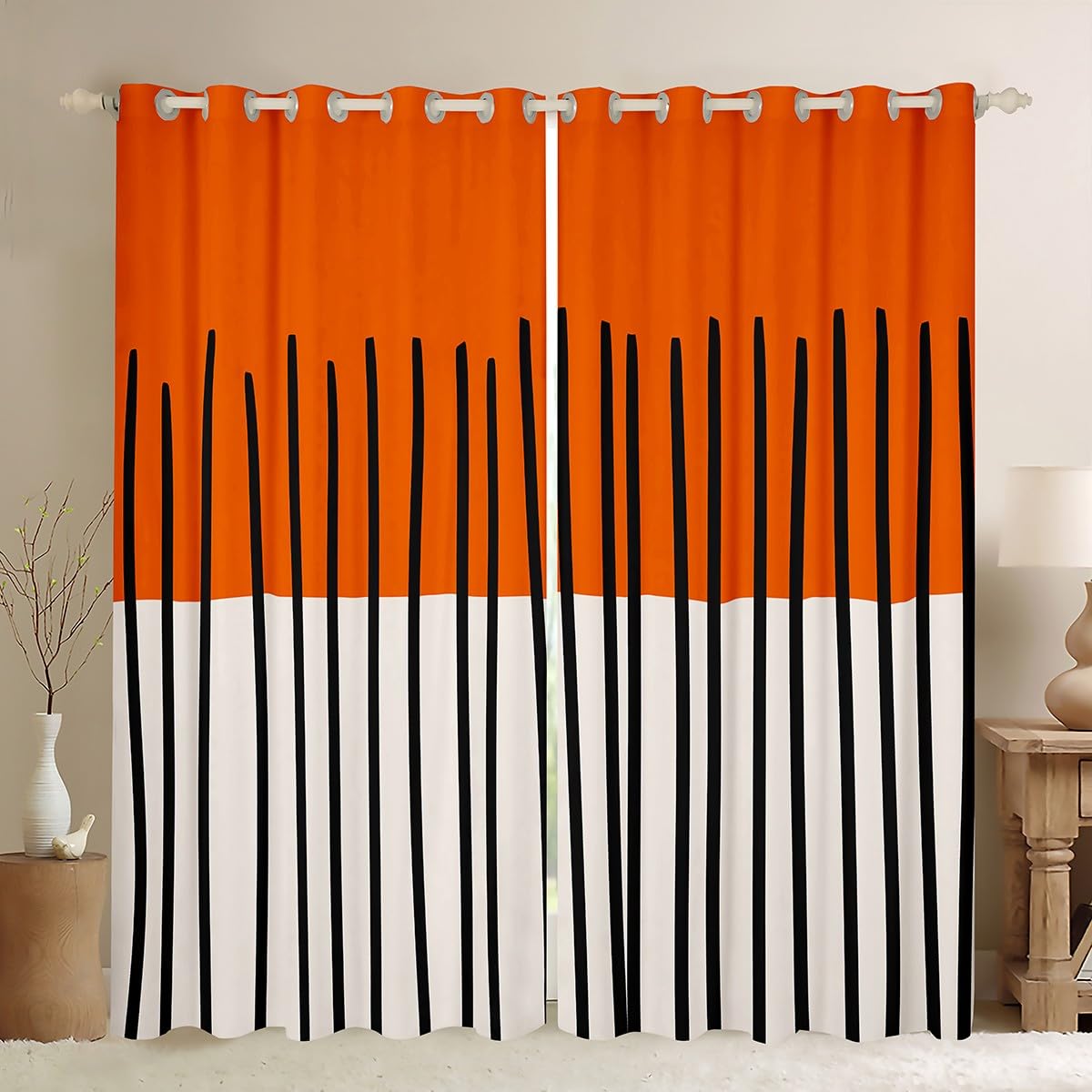 Homewish Pomarańczowo-białe zasłony zaciemniające 117 x 137 cm, 2 zestawy paneli do sypialni - czarne pionowe zasłony okienne w paski do salonu - abstrakcyjne geometryczne zasłony okienne nowoczesne