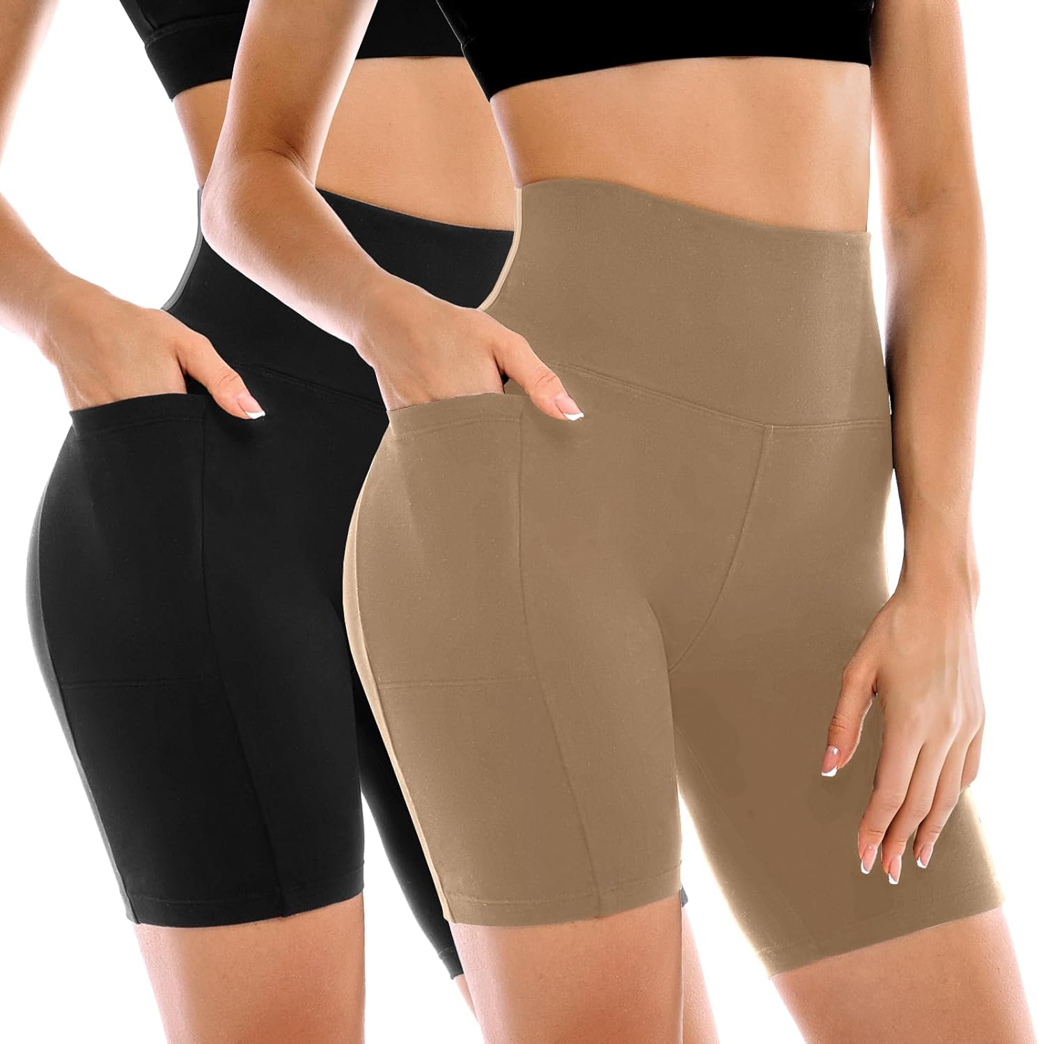 2 Pack Womens Biker Shorts with Pockets, High Waisted Yoga Shorts for Women Running Gym and Workout