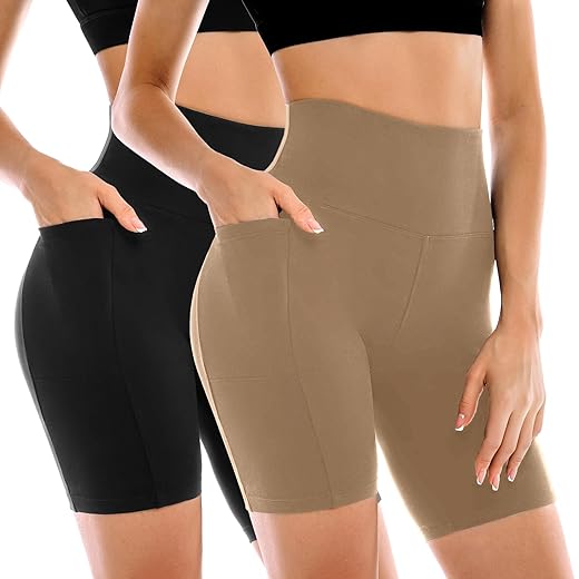 Leafigure 2 Pack Womens Biker Shorts with Pockets, High Waisted Tummy Control Yoga Shorts for Women Running Gym and Workout