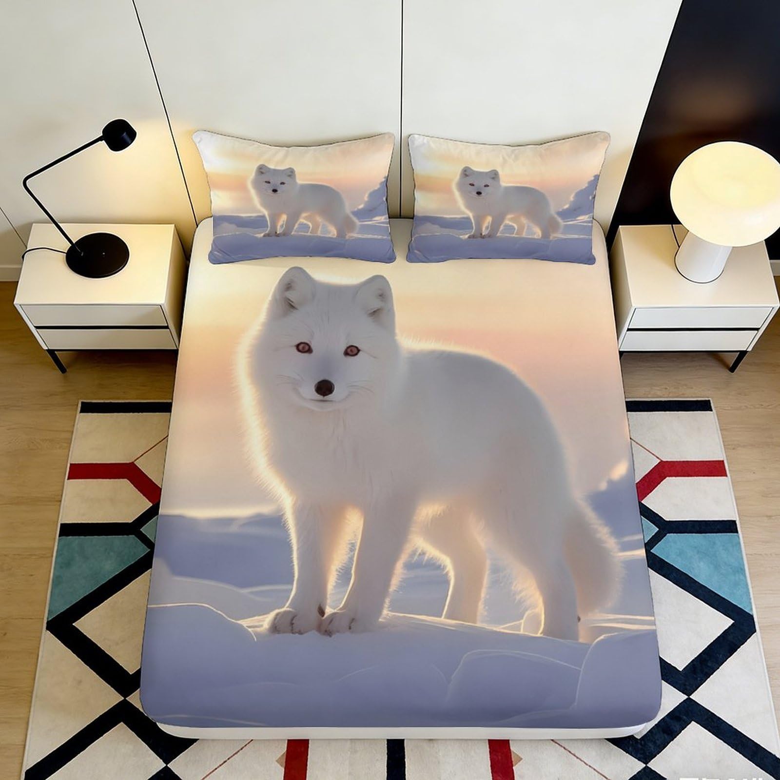 3D Printed Arctic Fox Snow Scene Fitted Sheet Microfiber Anti-Slip Bed Cover for Bedroom Dorm Mattress Decor 90x200x25cm