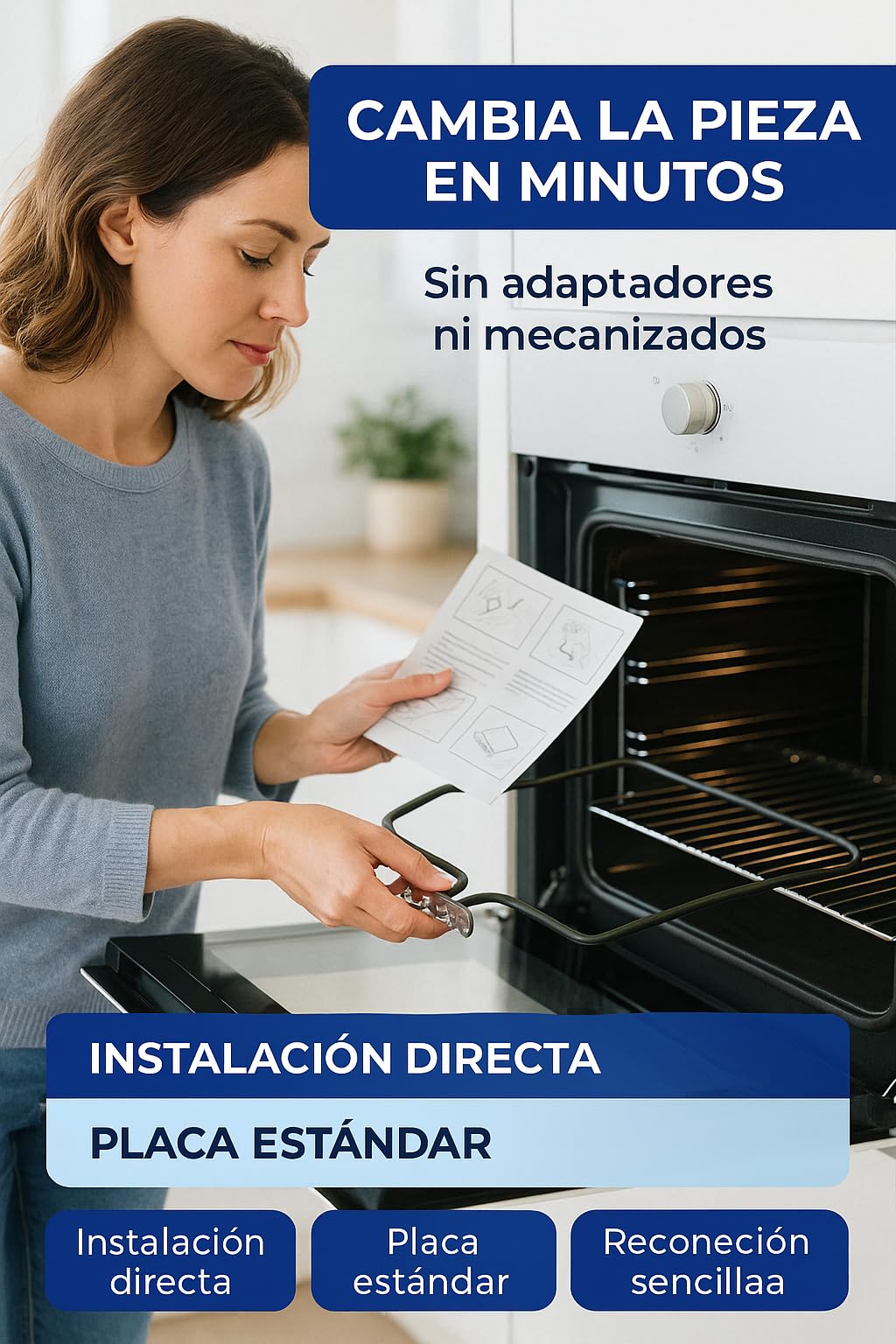 RECAMBIOS DREYMA Resistencia Solera Horno 83040745 Compatible con Teka Balay Fagor 1198W 220V Repuesto Base Calor Inferior Montaje Rapido Placa Fijacion Conectores Faston y Reparar Cocina