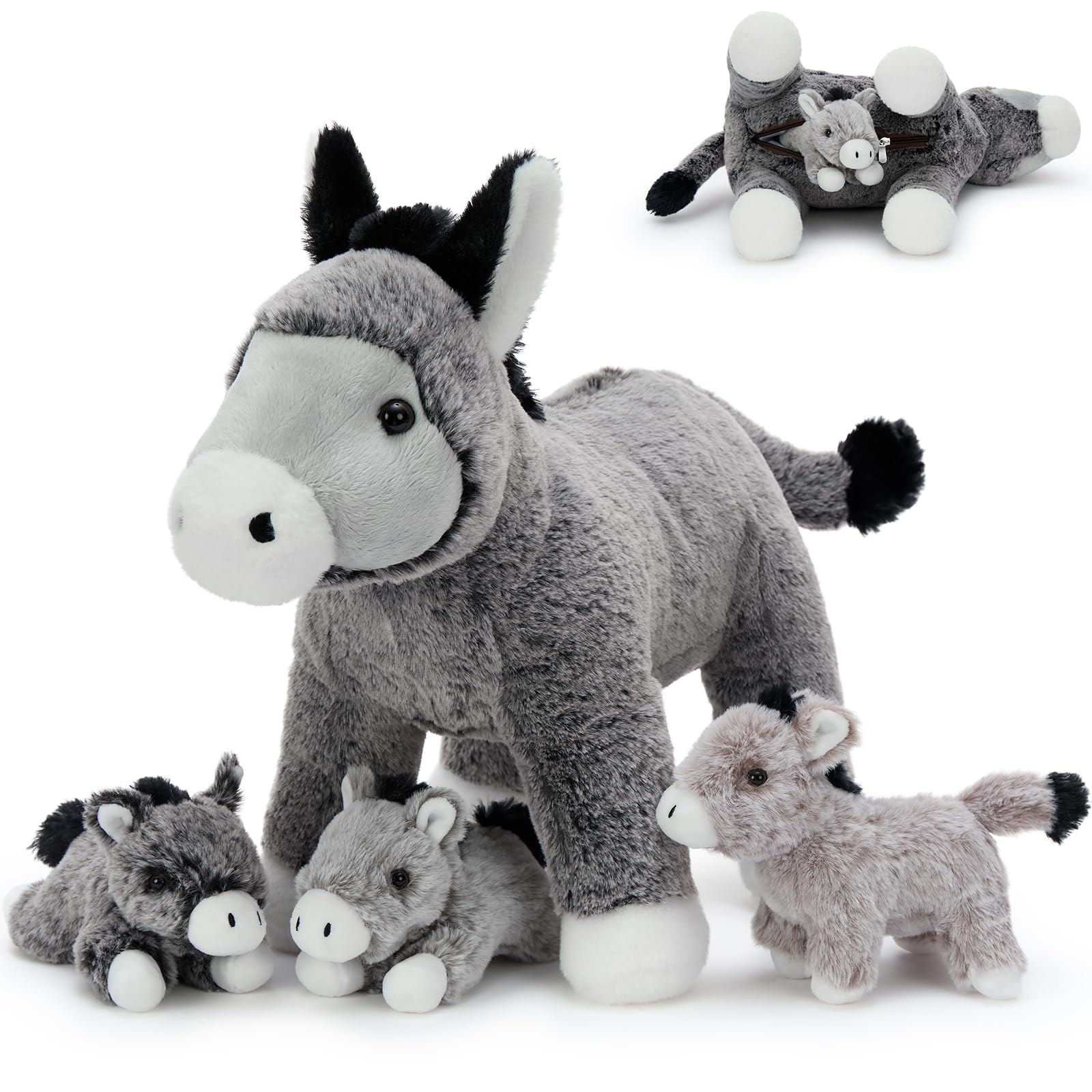 MorisMos 46cm Big Donkey Teddy with 3 Baby Inside, Large Grey Cuddly Fluffy Donkey Plush Soft Toys, Giant Stuffed Animal Gift for Kids Birthday — image 1