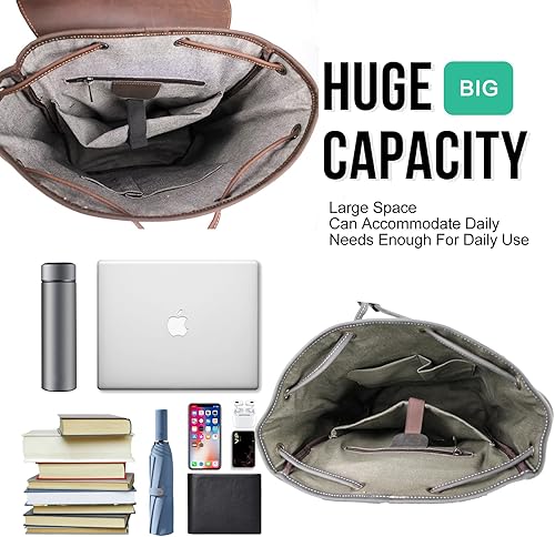 Miniatura 7 de Mochila retro de cuero genuino para hombre, adecuada para portátiles de 16 pulgadas, para viajes de negocios, mochila diaria, Negro, Mochilas de