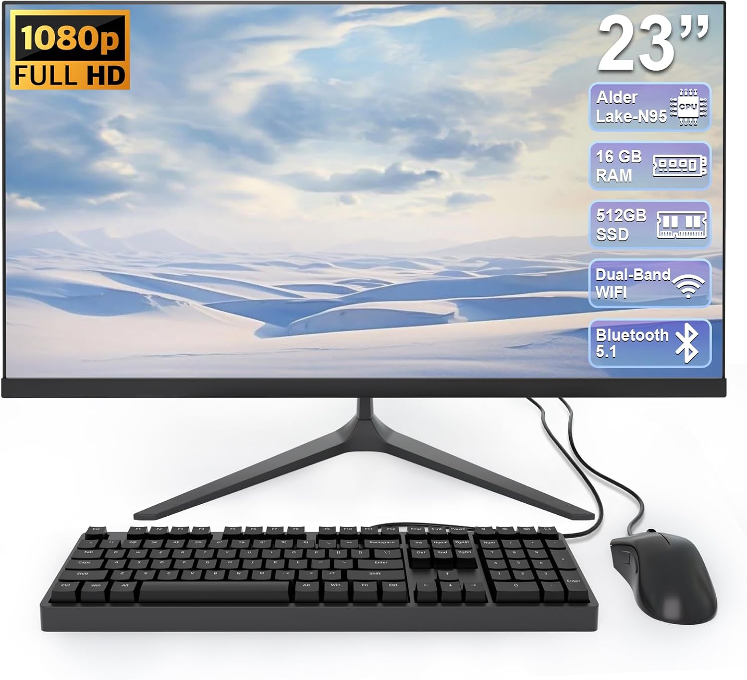 23 inch All-in-One Desktop Computer Alder Lake-N95(up to 3.4GHz) 16GB RAM DDR4 512GB ROM 1920 * 1080 IPS Display Desktop Computer with2.4G/5.0G WiFi & Bluetooth 5.1&HDMI, Wired Keyboard and Mouse