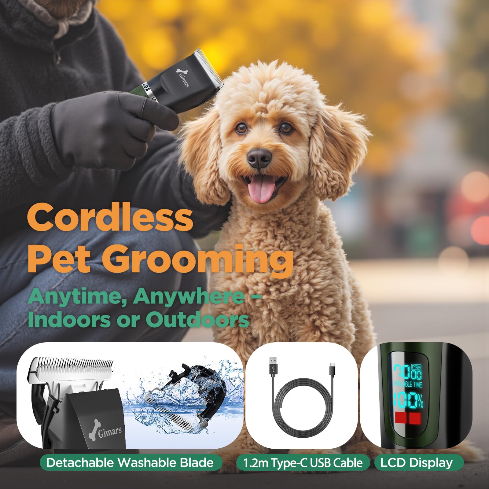 Gimars Rasoio per cani 4 in 1, 7000 giri/min, con lama di ricambio, senza fili e silenzioso, 55 dB, tagliacapelli professionale per cani, gatti e cavalli