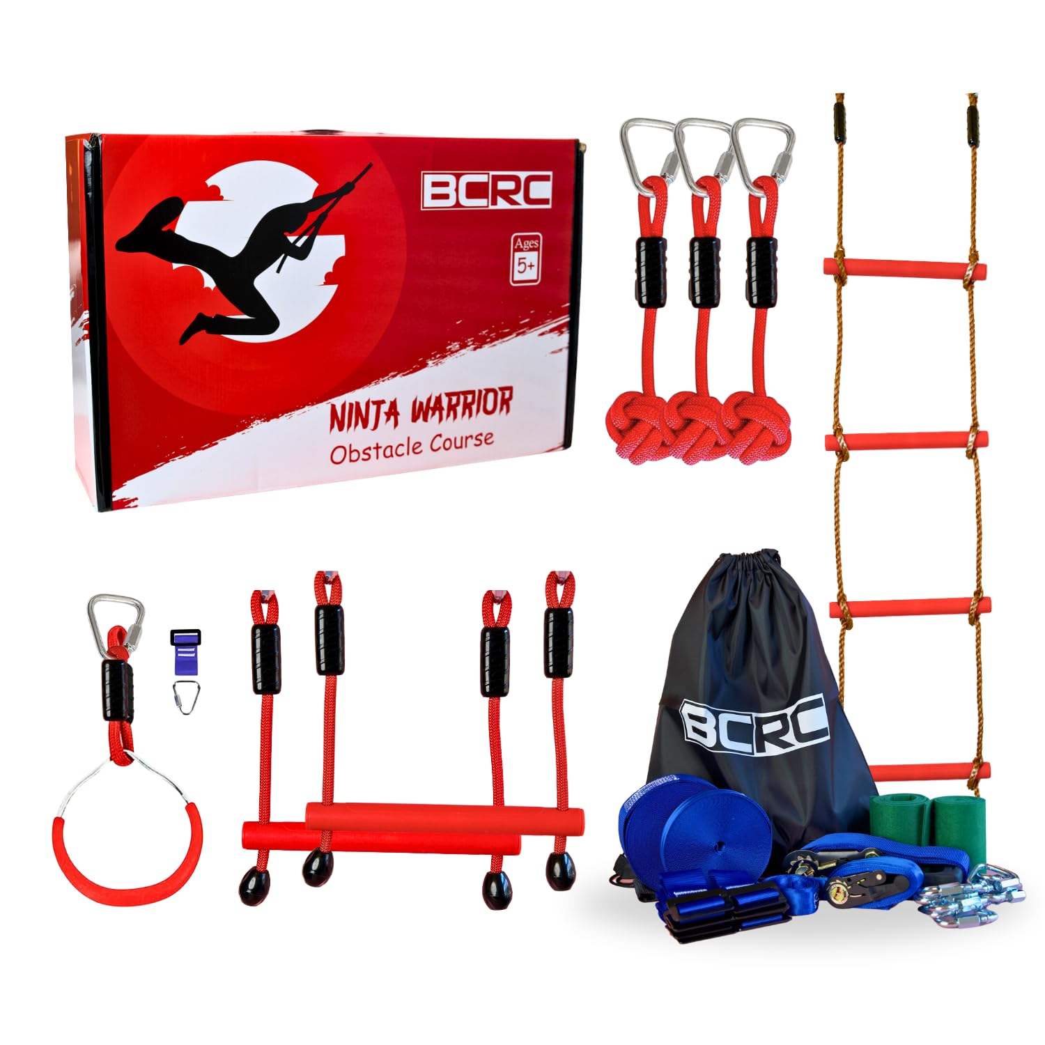 Ninja Warrior Obstacle Course for Kids Up to 450 Lbs - Kids Outdoor Play Equipment - Double Slackline with 7 Hanging Attachments - Jungle Gym - Ninja Course for Kid Outside - 35 Foot Line