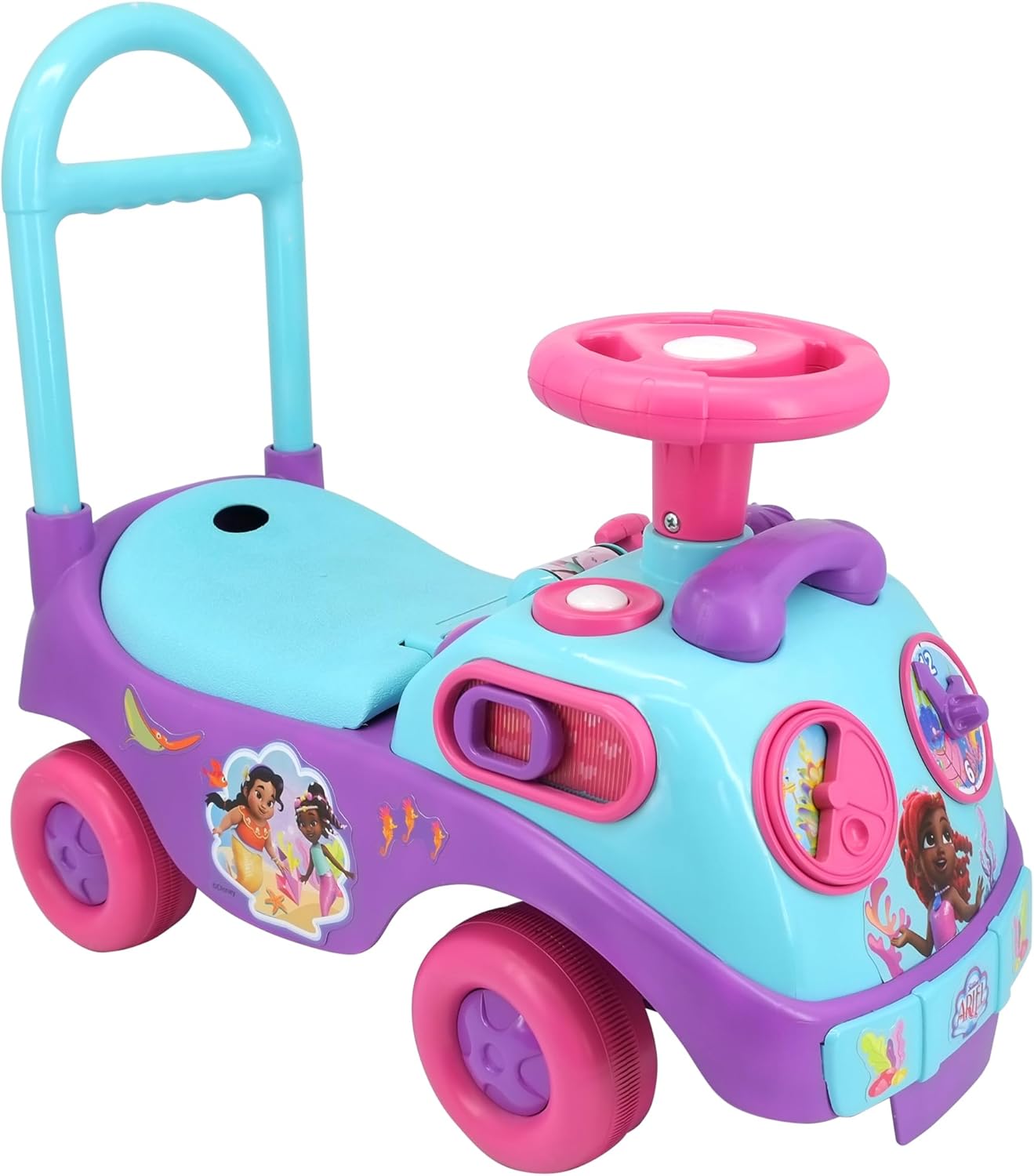Kiddieland Disney Junior Ariel Ride-On Toy with Lights & Sounds, Toddler Push Car with Under-Seat Storage, Foot-to-Floor, Ages 12–36 Months, 55 lb Limit, Indoor/Outdoor