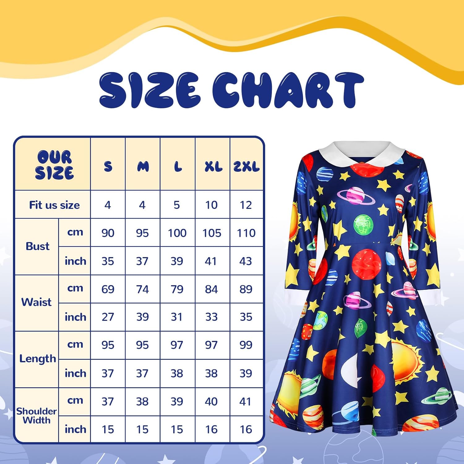 Jiuguva The Frizzle Costume Dress for Women Space Moon Print Collar Long Sleeve Dress and Short Bob Wig for Party - Image 2