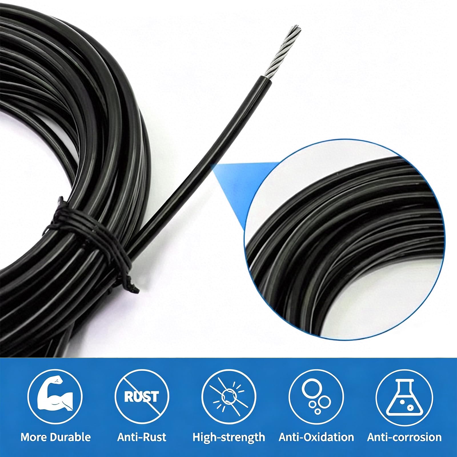 Cable de acero inoxidable de 100 m, cable de acero de 4 mm con revestimiento de PVC negro y 100 casquillos de aluminio, trenzado de 7 x 7, cable de acero inoxidable para tendedero, barandilla, valla y