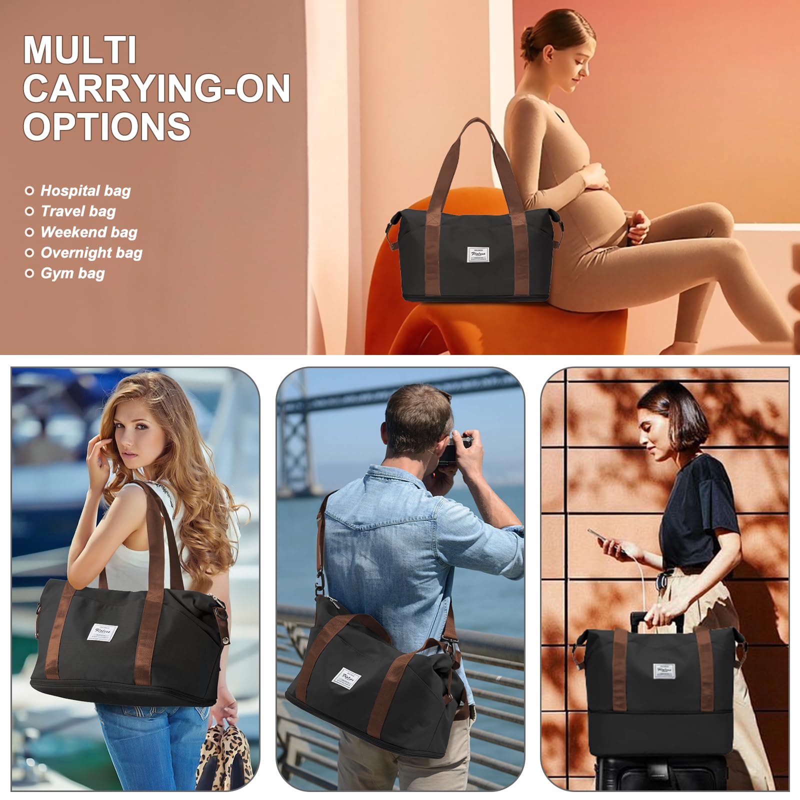 SZLX Travel Duffel Bag Weekend Bag with Trolley Sleeve,Ryanair Cabin Bag 40x30x20 Duffel Bag Wizzair,Dry & Wet Seperated Sports Gym Bag Waterproof Carry On Bag for Women Men Hospital Tote(Black Brown) — view 6