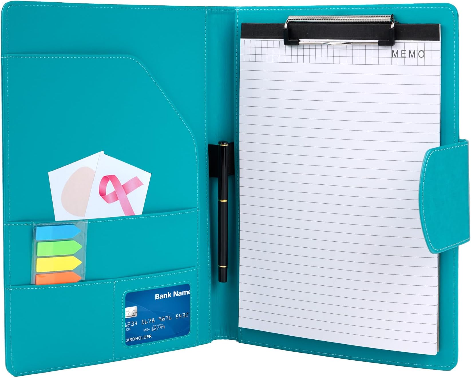 A4 Clipboard Folder Padfolio Clipboard,Faux Leather Interview Resume Folder with Magnetic Cover,Conference Document Organizer with Papers,Sticky Tabs,Pen,Work Folio for Women & Man,Pale Turquoise