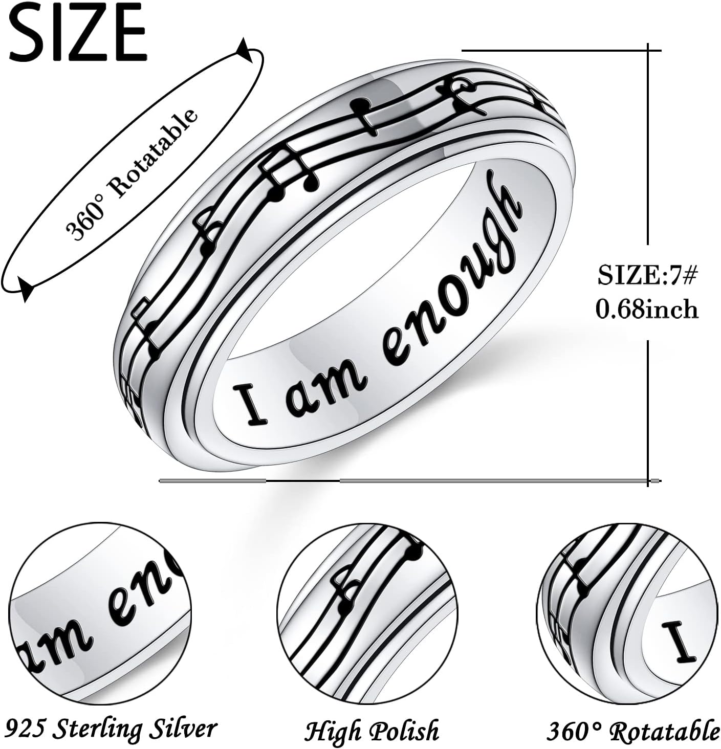 Sterling Silver Fidget Ring Anxiety Ring for Women I am enough Music Note Spinner Ring Music Jewelry Gift for Music Lover 7-10