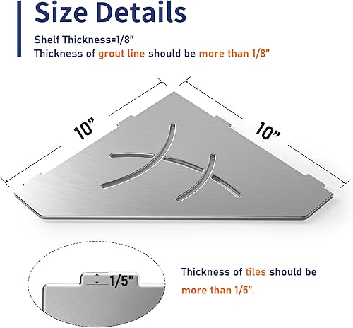 Miniatura 2 de Estante esquinero de ducha de 10 pulgadas, acero inoxidable cepillado 304, estantes esquineros pentagonales empotrados para baño, paquete de 2, no