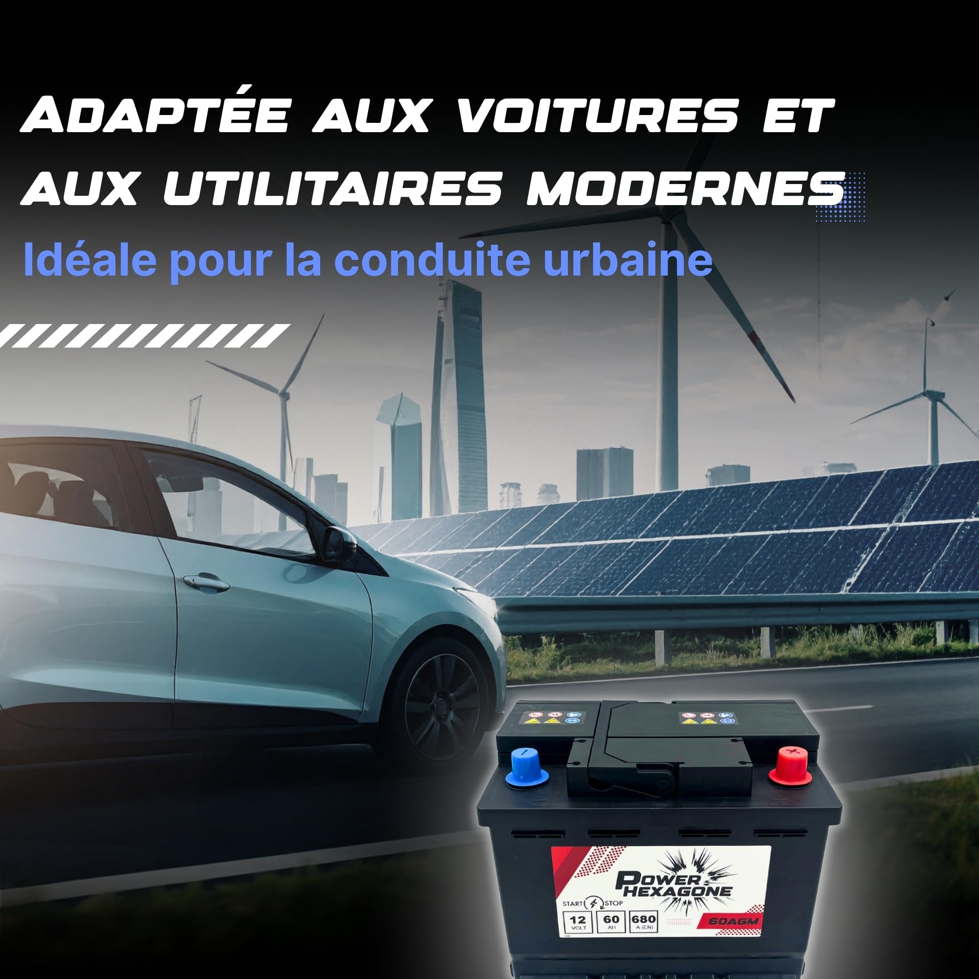 Batterie voiture 12V 60Ah AGM Start & Stop - 540A au démarrage - Batterie auto sans entretien - Format compact pour véhicules modernes - Remplacement origine - Power Hexagone