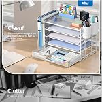 Desk Organizer with File Holder, Organisateur et Accessoire de Bureau, 5-Tier Paper Letter Tray with Drawer and Pen Holder, Desktop Office Accessories for School, Home, Office Supplies (White)