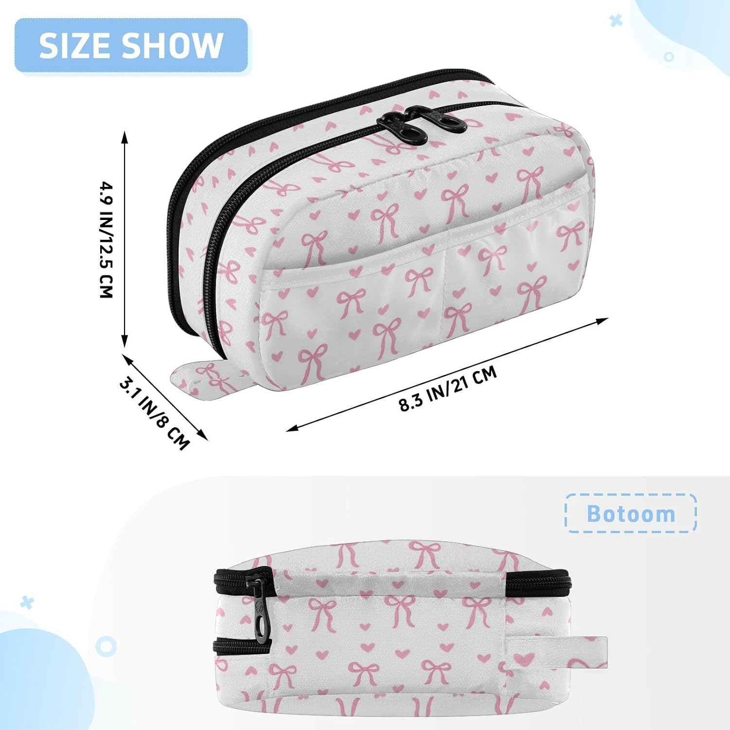 Wusikd Pink Bows Hearts Ribbons Pencil Case Organizer Big Capacity Pencil Pouch Stationery Makeup With Zipper School Supplies Pencil Bag For Girls Boys Office image 3