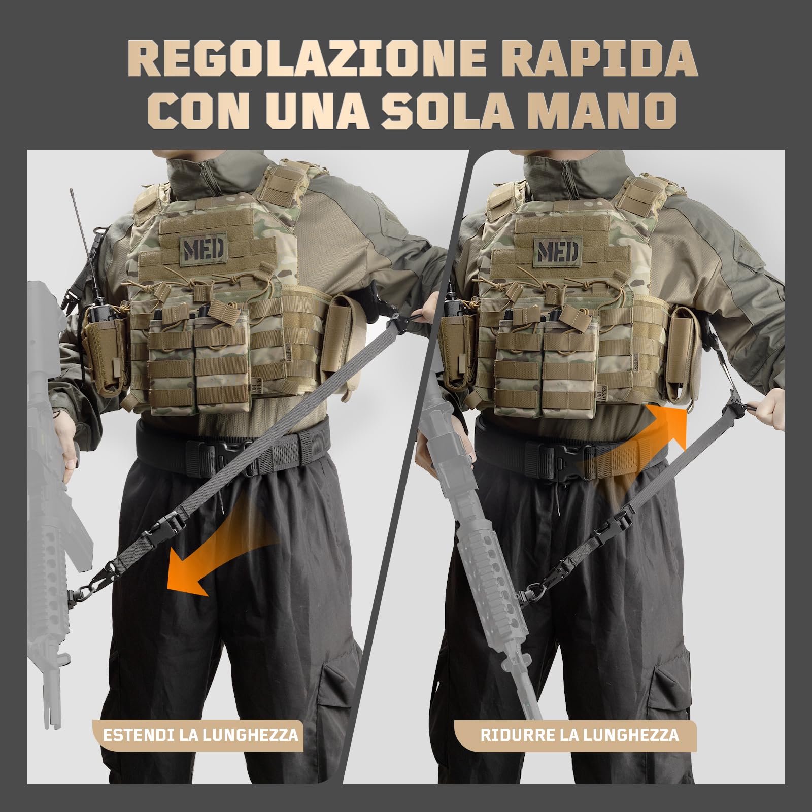 1TG Tactcial Cinghia a 2 punti, cinghia per fucile, cinghia tattica regolabile rapidamente con corda per fotocamera, spallacci allargati antiscivolo per gli sport all'aria aperta
