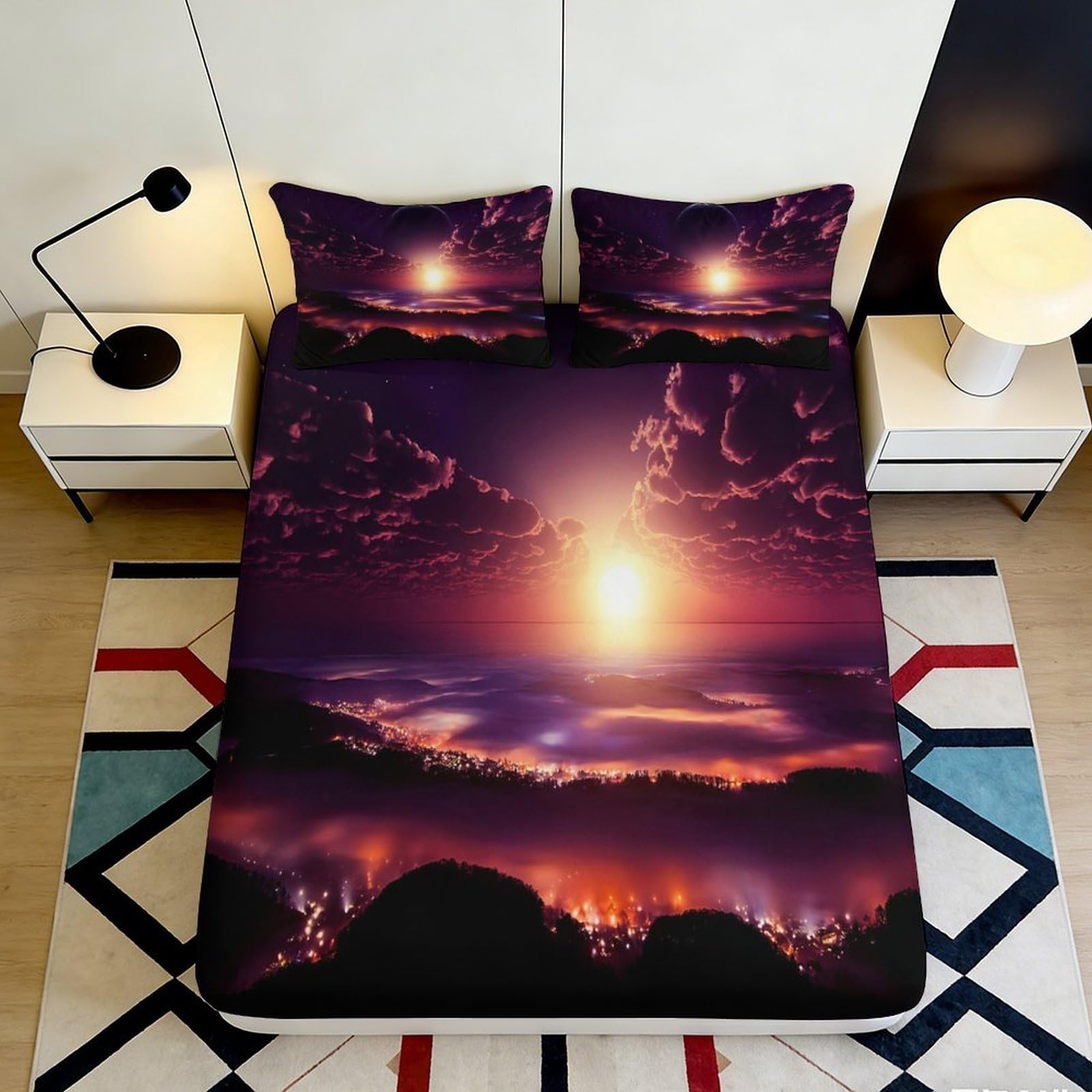 3D Printed Sunset Landscape Fitted Sheet Microfiber Deep Pocket Bedroom Bedding Sunset Mattress Fitted Cover Non-Slip Washable 200x200x25cm