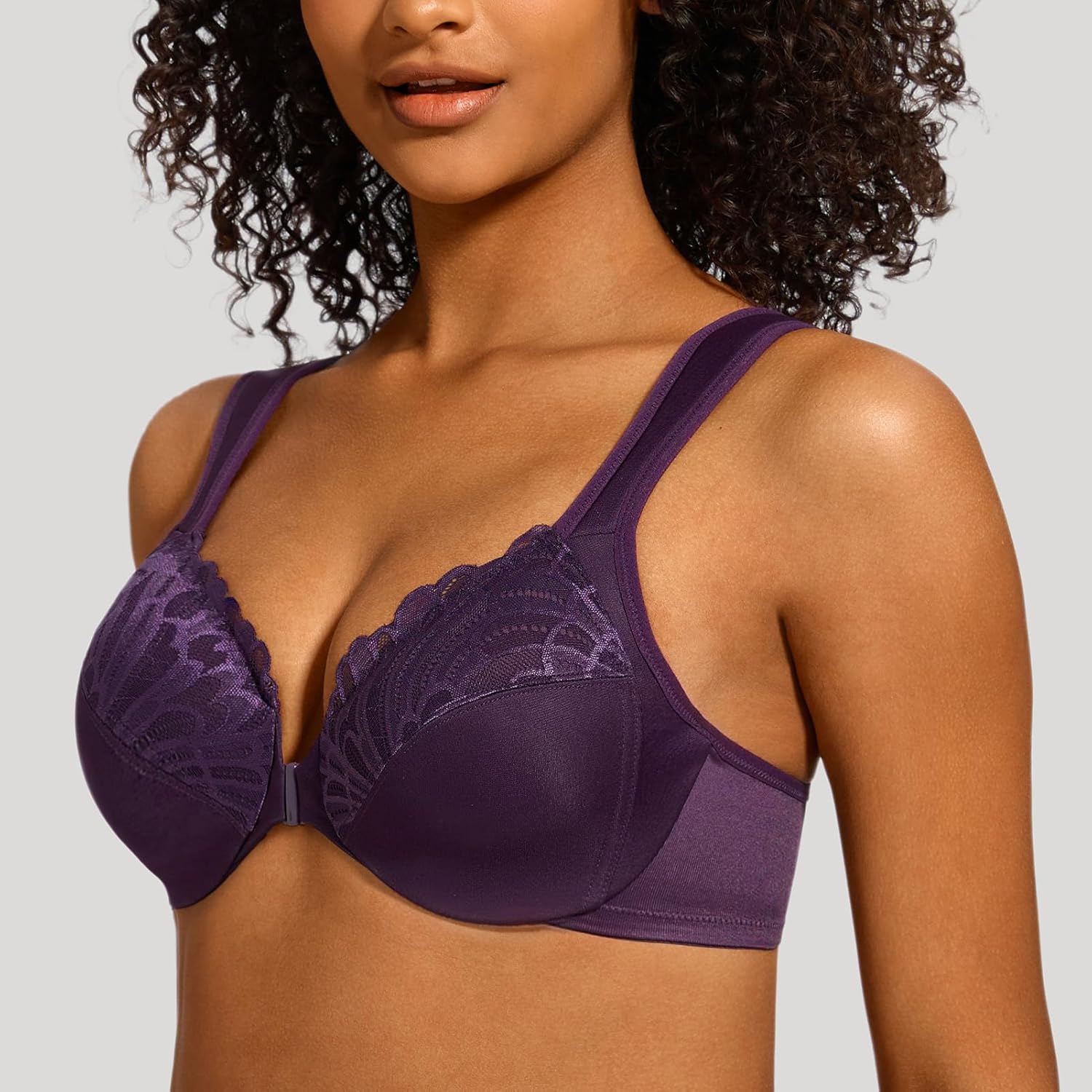 MELENECA Front Closure Bras for Women Plus Size Underwire Unlined Lace Cup Cushion Strap - Image 3
