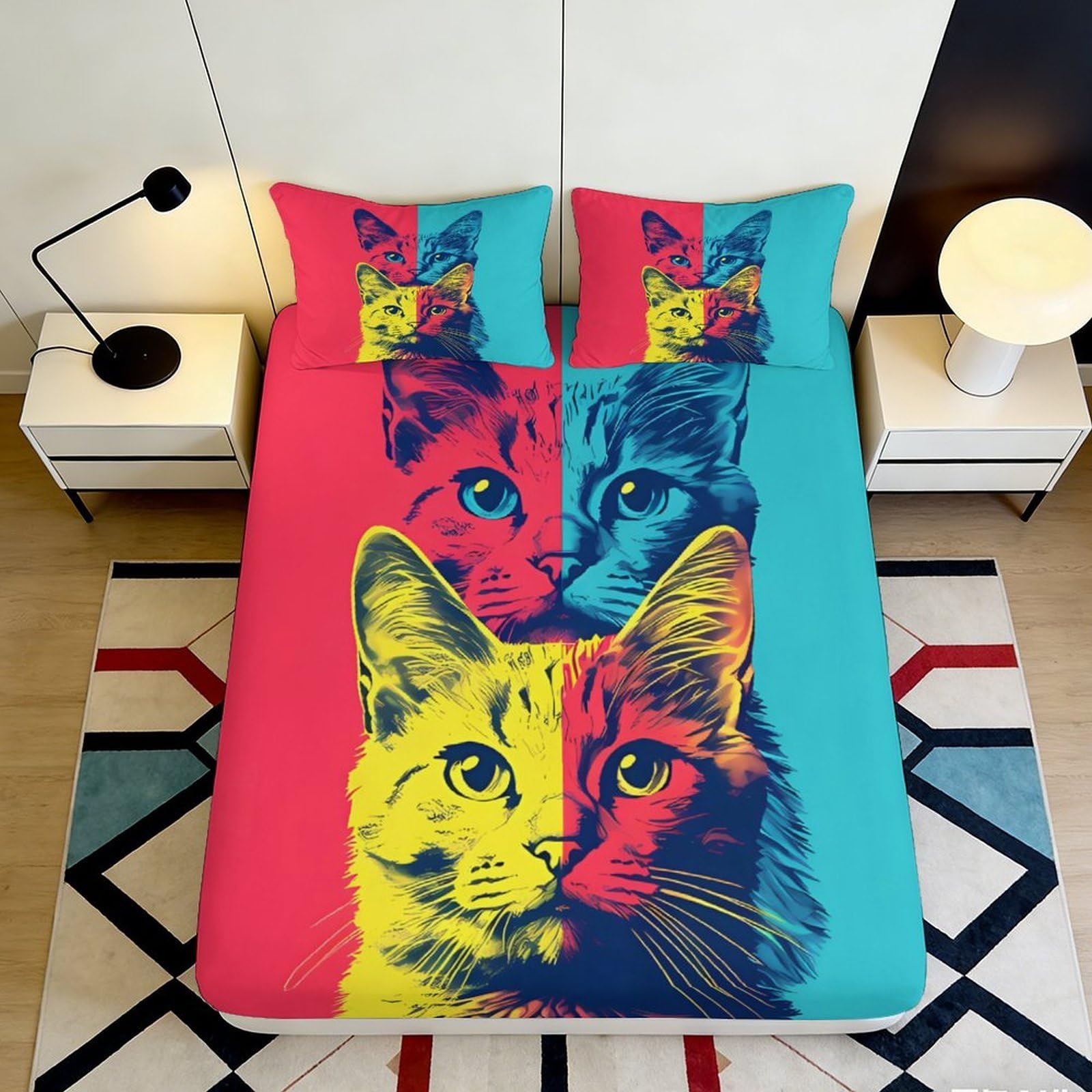 3D Printed Pop Art Cat Fitted Sheet Microfiber Colourful Abstract Bed Cover for Bedroom Guest Room Dorm Decor 90x200x25cm