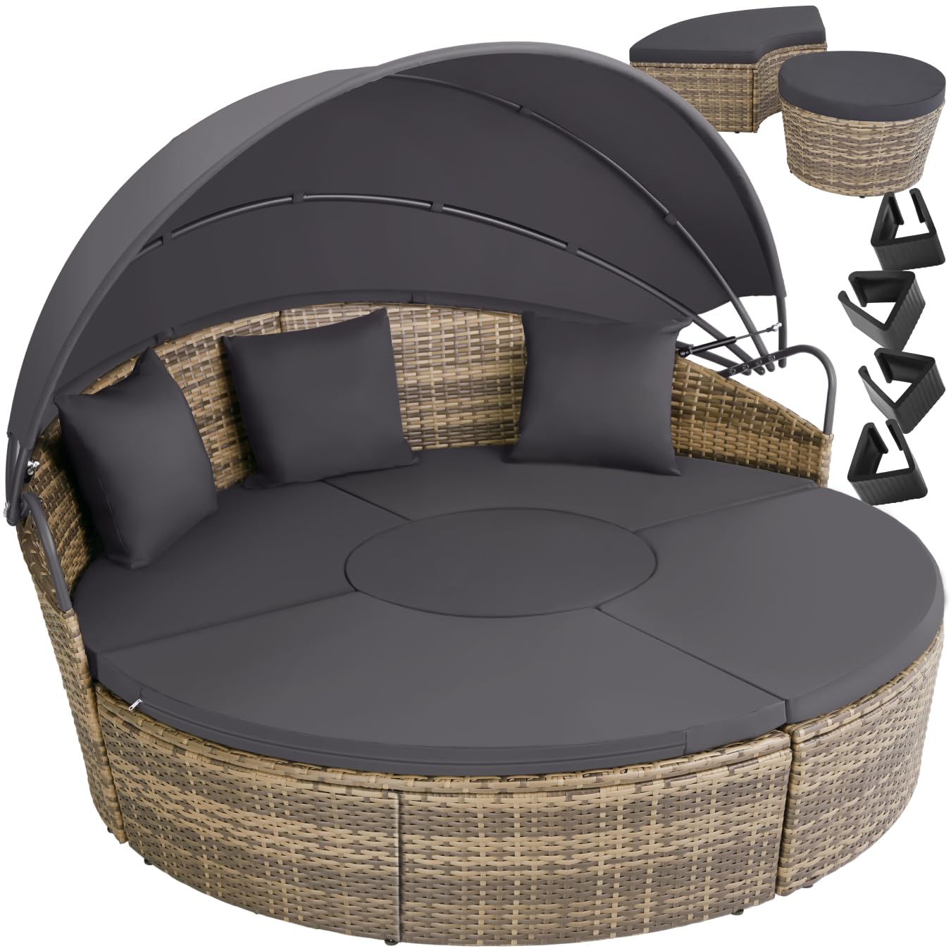 tectake® Isla de Ratán con Cojines, Conjunto Jardín con Toldo Corredizo Plegable, Muebles Jardín Exterior con Estructura en Acero y Resistente a Rayos UV, Conjunto Terraza Combinable - Beige