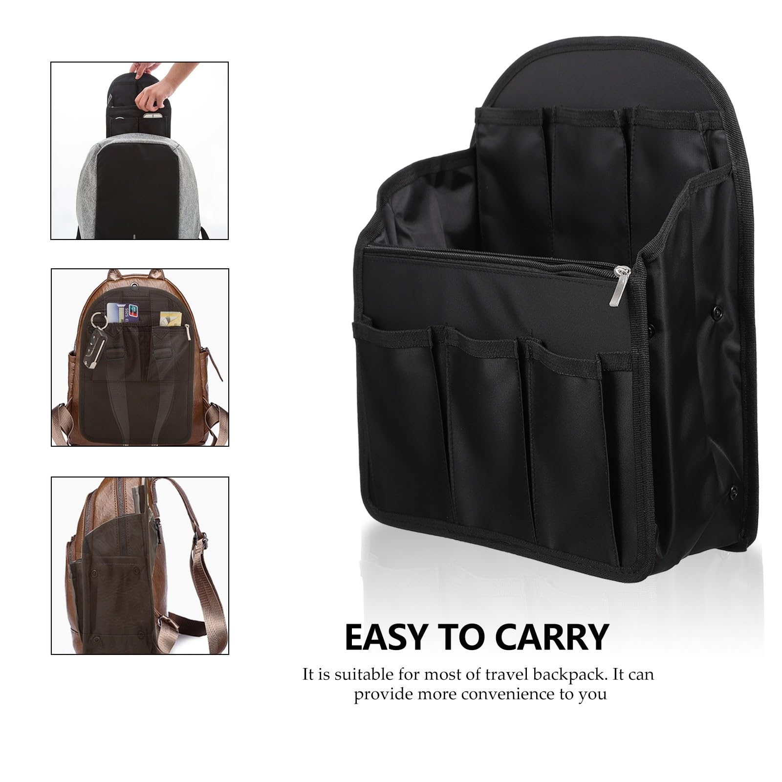 Inserto Organizador de Mochila Negro Grande de Nailon Resistente, Bolsa Interior Multifunción Múltiples Compartimentos y Bolsillos Cremallera para Viaje y Trabajo