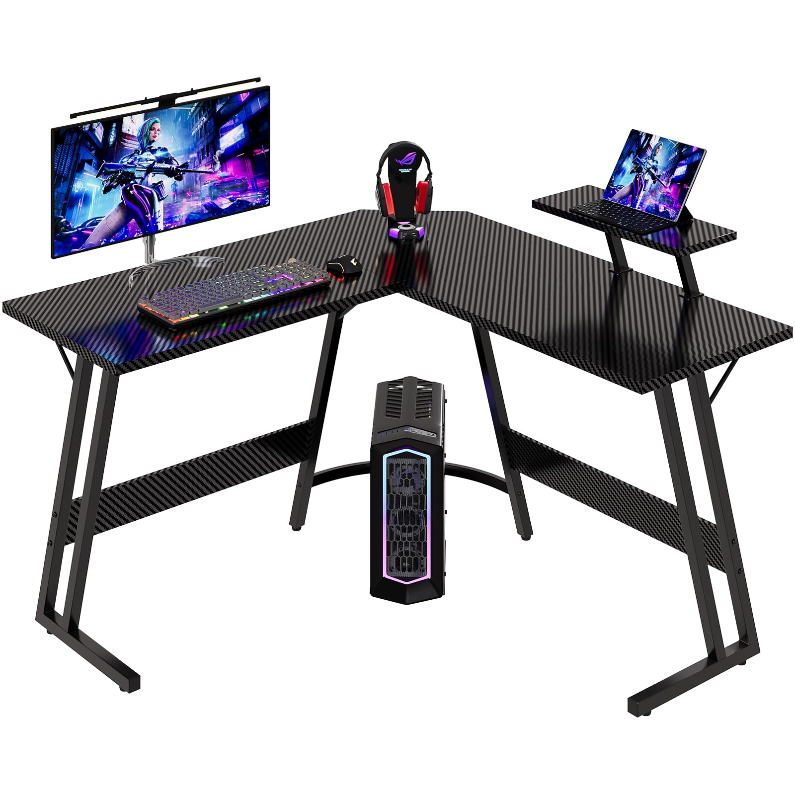 Devoko 120 x 120 cm Scrivania Gaming Angolare, Scrivania Angolare con Supporto per Monitor per Lo Studio, Il Gioco E Il Lavoro, Scrivania Gaming Ergonomica(Carbonio Nero)