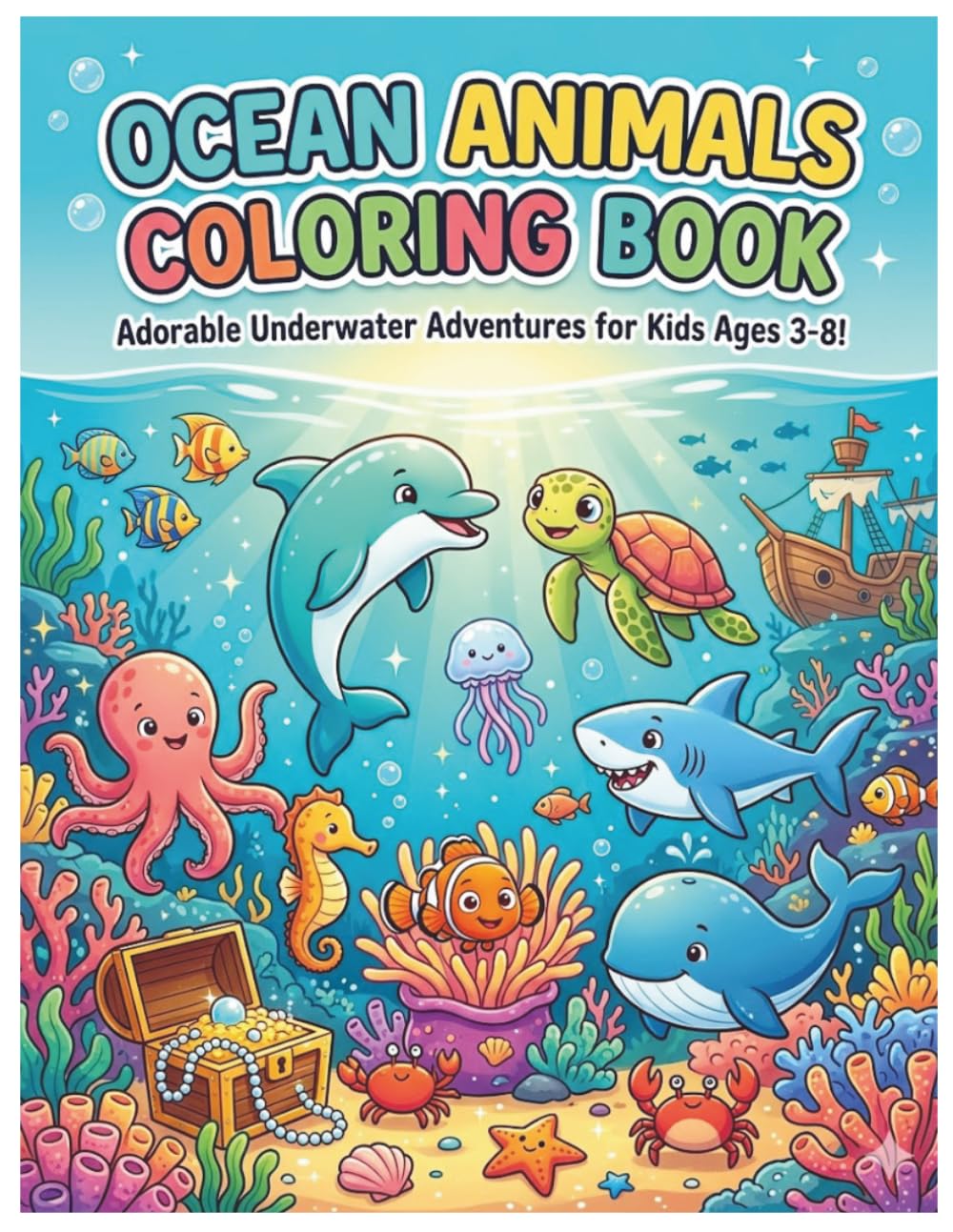 Ocean Animals Coloring Book for Kids 2: 15 Cute Underwater Sea Creatures, Dolphins, Turtles & Fish | Fun Activity Book for Ages 3-8