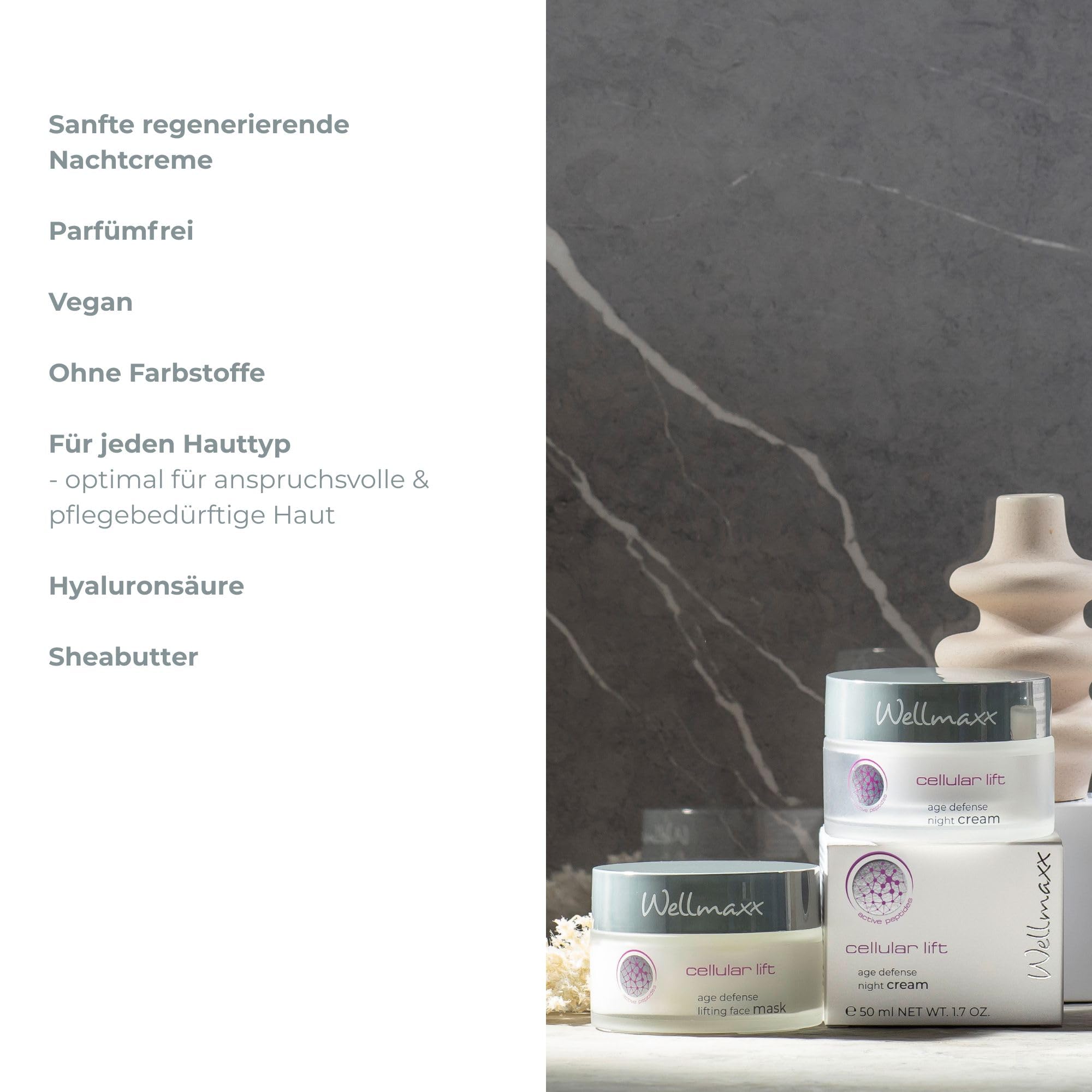 WELLMAXX cellular lift age defense Nachtcreme, Ohne Parfüm, 50 ml | vegan, für alle Hauttypen, Hyaluronsäure, Sheabutter, regenerierend