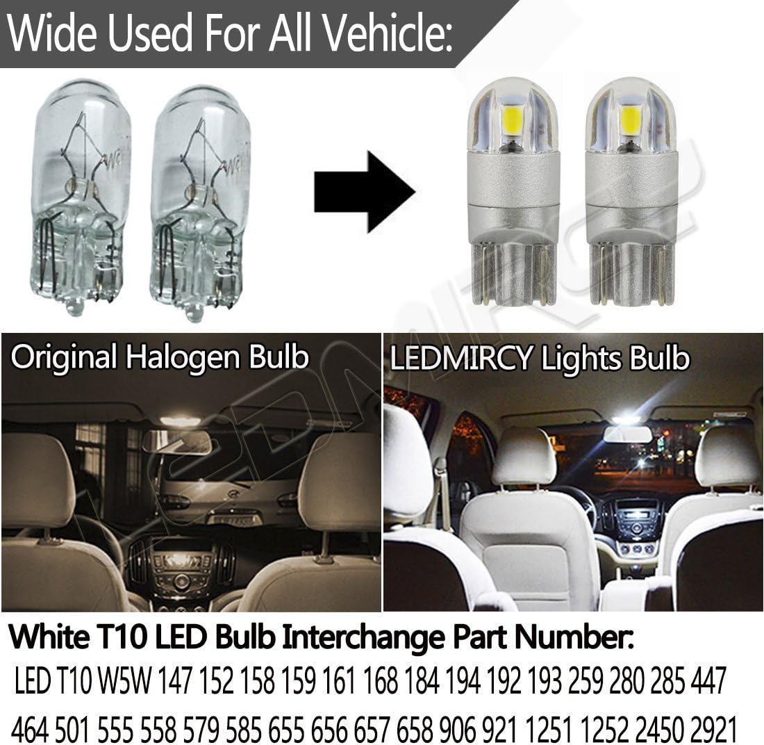 W5W 194 T10 LED Light Bulb White 921 168 LED Bulb Super Bright 12V 3030 2SMD for Car Interior Exterior Lights Map Door Reading Trunk Backup Tail Lights License Plate lamp (10PCS,2SMD White)