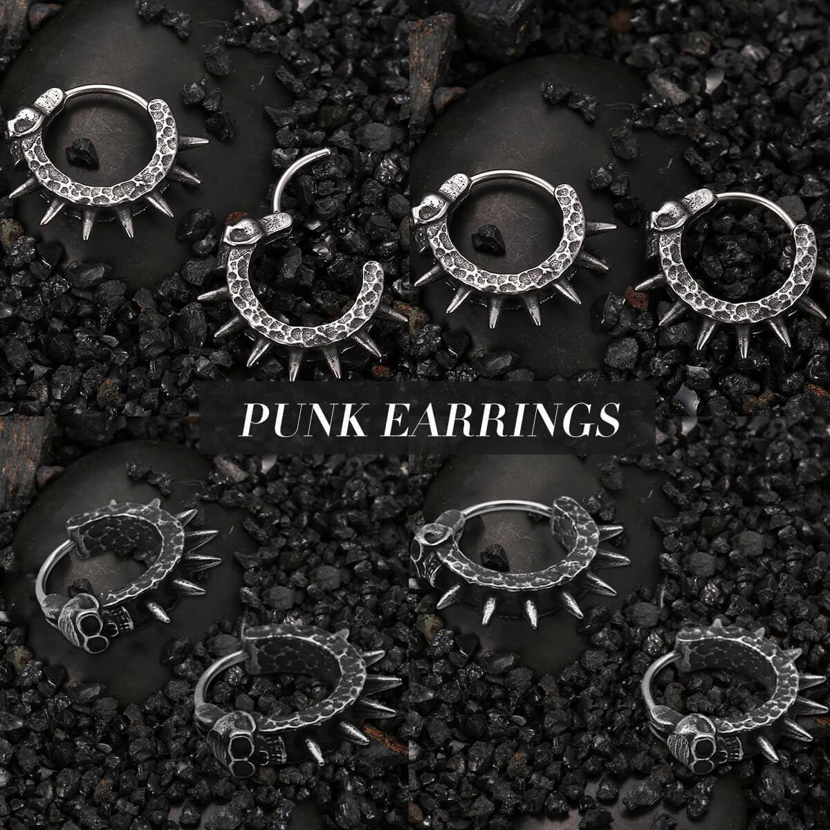 GTHIC Pendientes de aro punk con punta Huggie para mujer, pendientes con remaches de calavera, pendientes góticos vintage para hombres, joyería de acero inoxidable, regalo