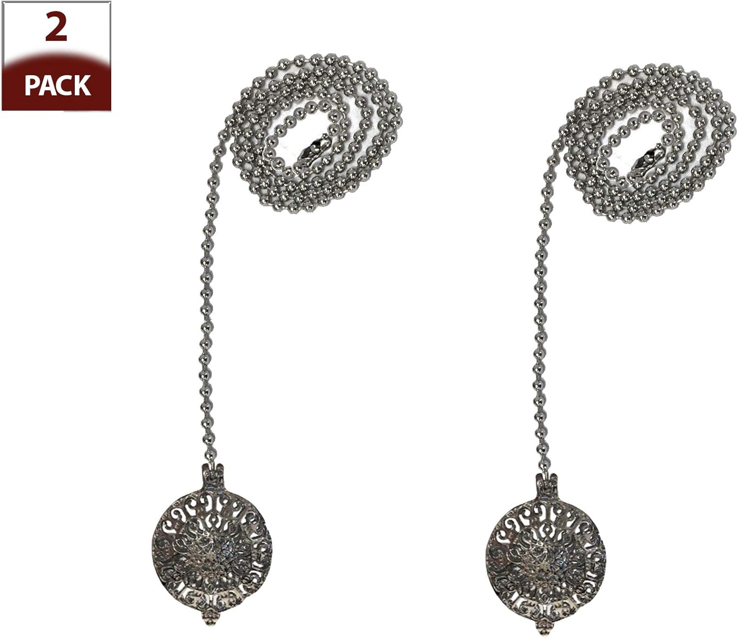 Royal Designs, Inc. FP-1026-CH-2 Adjustable Ceiling Fan Pull Chain Extension with Refracted Filigree Ornament, 24 inch, Chrome, 2-Pack