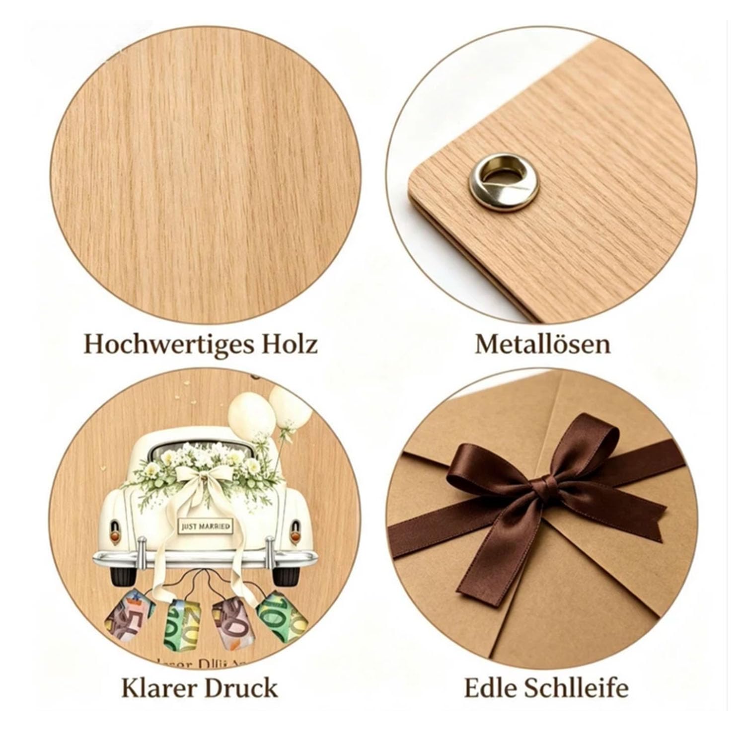 13 x 10 cm Biglietto Auguri In Legno, idealny na gratulacje ślubne | Ozdoba samochodu dla nowożeńców z drewnianą kopertą, romantyczny styl i pełna miłości