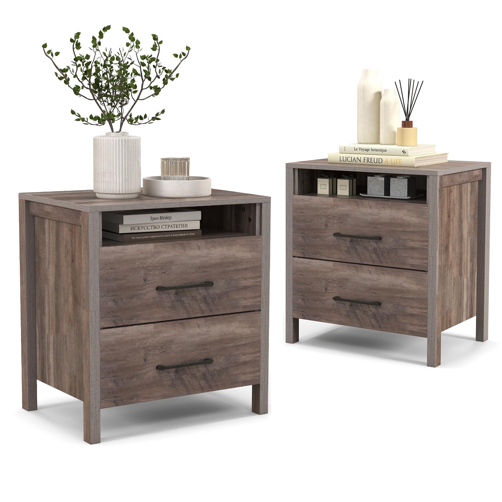 Giantex Farmhouse Nightstand Set of 2, Rustic Wood Bedside Table with 2 Storage Drawers & Open Shelf, Sofa Side Table, Versatile Night Stand for