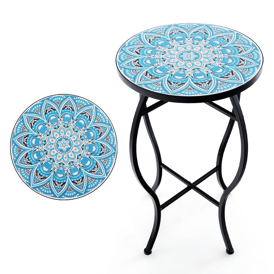 Outdoor Side Table And Mosaic Plant Stand, 21" Round End Table With 14" Ceramic Tile Top For