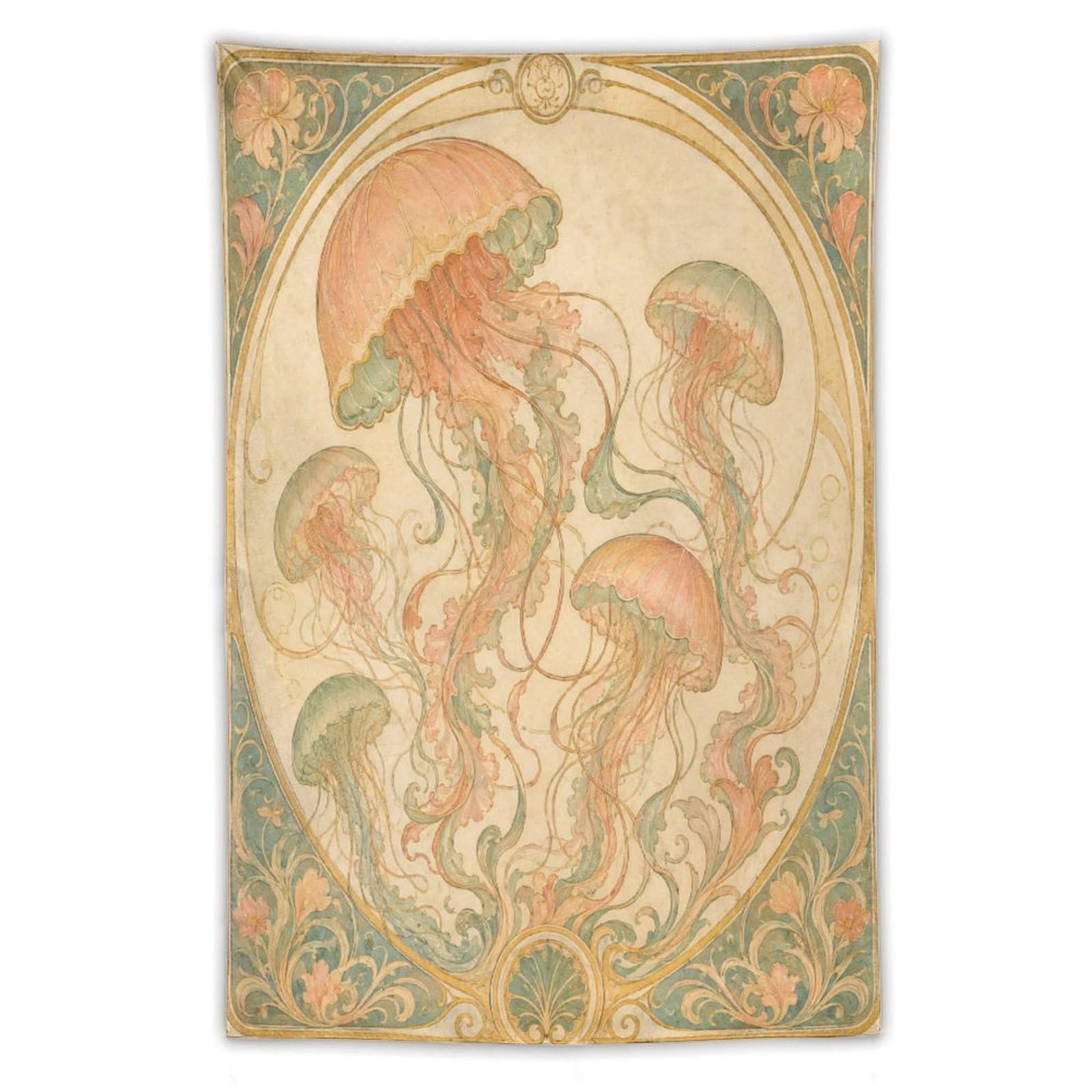 W7C8U2X3 Pink Jellyfish Wall Tapestry, Art Nouveau Style, Ceiling Hanging