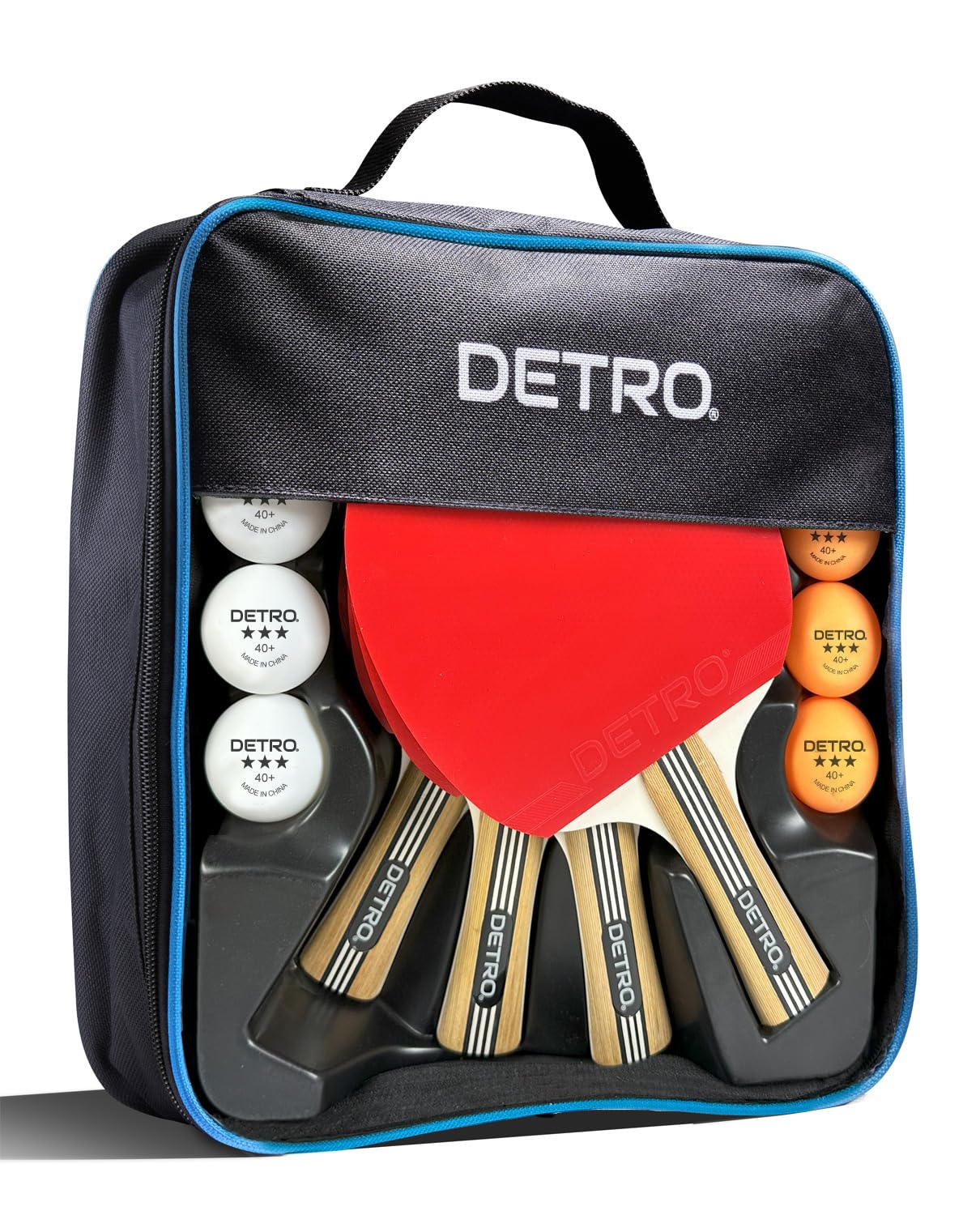 Detro 4 Player Table Tennis Performance Paddle and Ball Set, Premium Ping Pong Set, 4 Premium Table Tennis Paddles, 8 x 3 Star Competition Ping Pong Balls with Storage Case