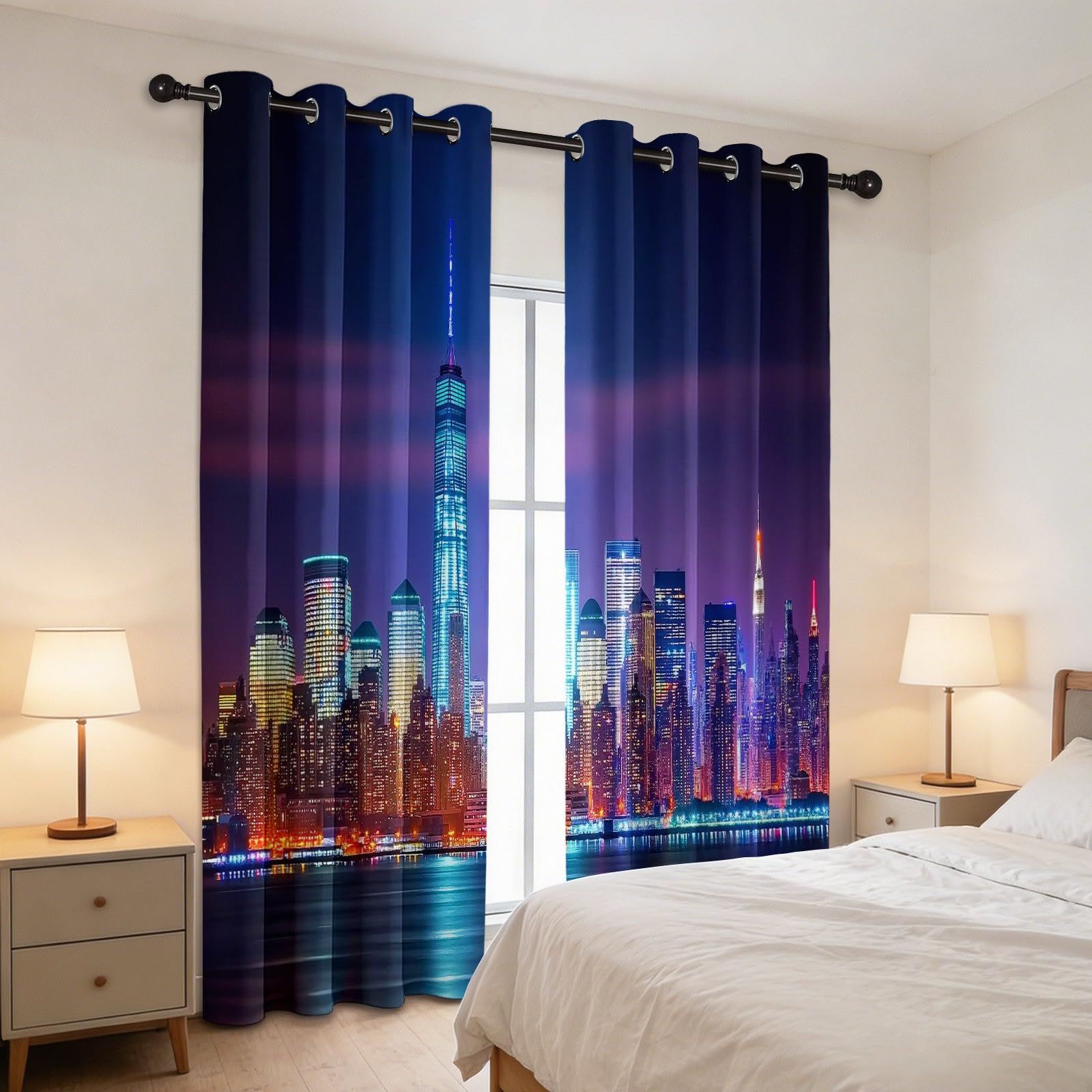 140 x 245 cm, zestaw 2 termicznych zasłon zaciemniających, nowoczesna architektura, Nowy Jork, widok na noc, izolowane zasłony okienne, tłumiące hałas i światło, miękka i elegancka tkanina do salonu