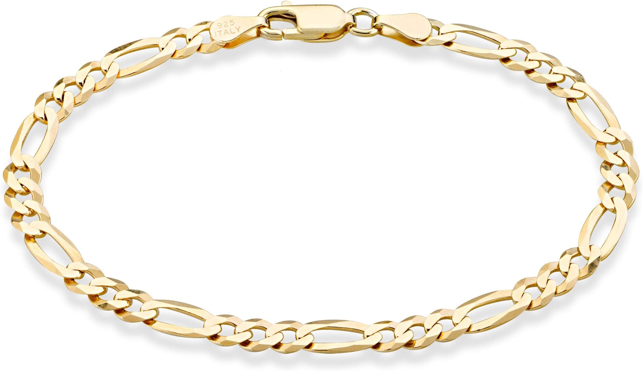 18K Gold Plated 925 Sterling Silver Italian 5mm Diamond-Cut Figaro Chain Bracelet for Women Men, Made in Italy