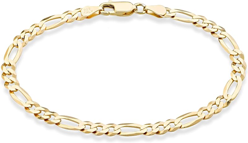 Miabella Pulsera Figaro de 5 mm de plata de ley 925 y oro de 18 quilates para mujeres y hombres | Joyería fina italiana, cadena de eslabones con talla de diamante, fabricada en Italia
