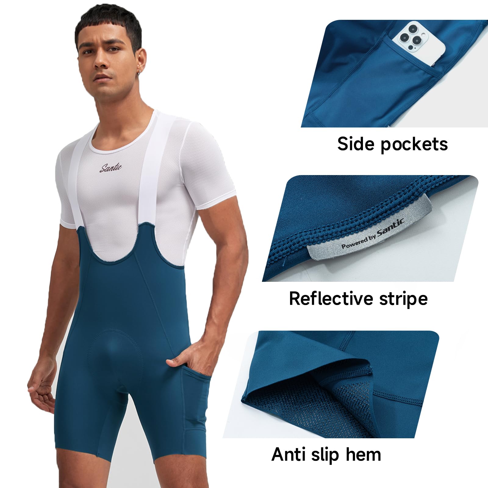 Santic Pantalones cortos de ciclismo para hombre, mallas acolchadas 4D con bolsillo