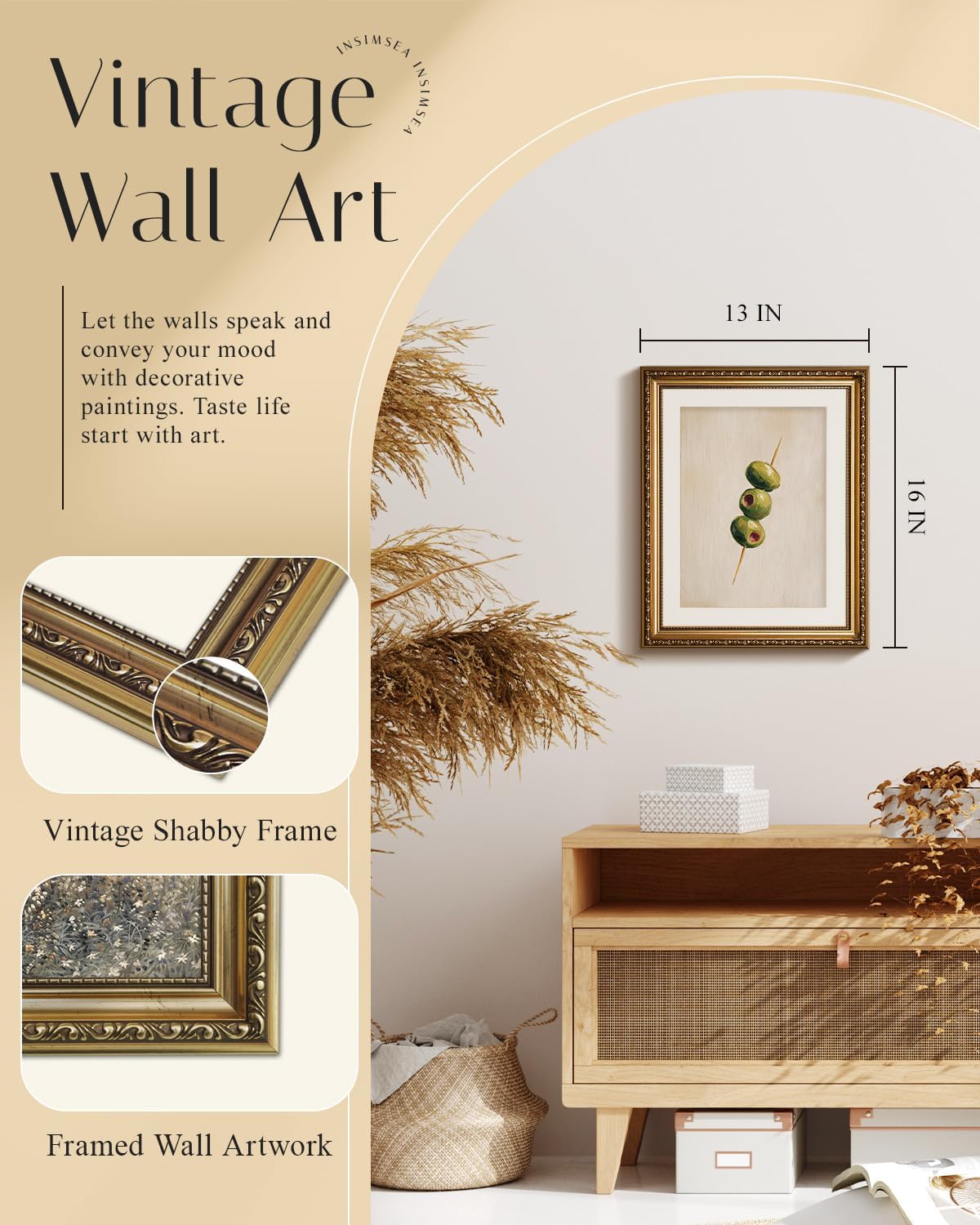 InSimSea Gold Framed Wall Art, Living Room Vintage Olives Oil Painting Wall Shelf Decor, Still Life Canvas Print Art, Home Farmhouse Decor, Antique Paintings with Picture Frame 13x16inch