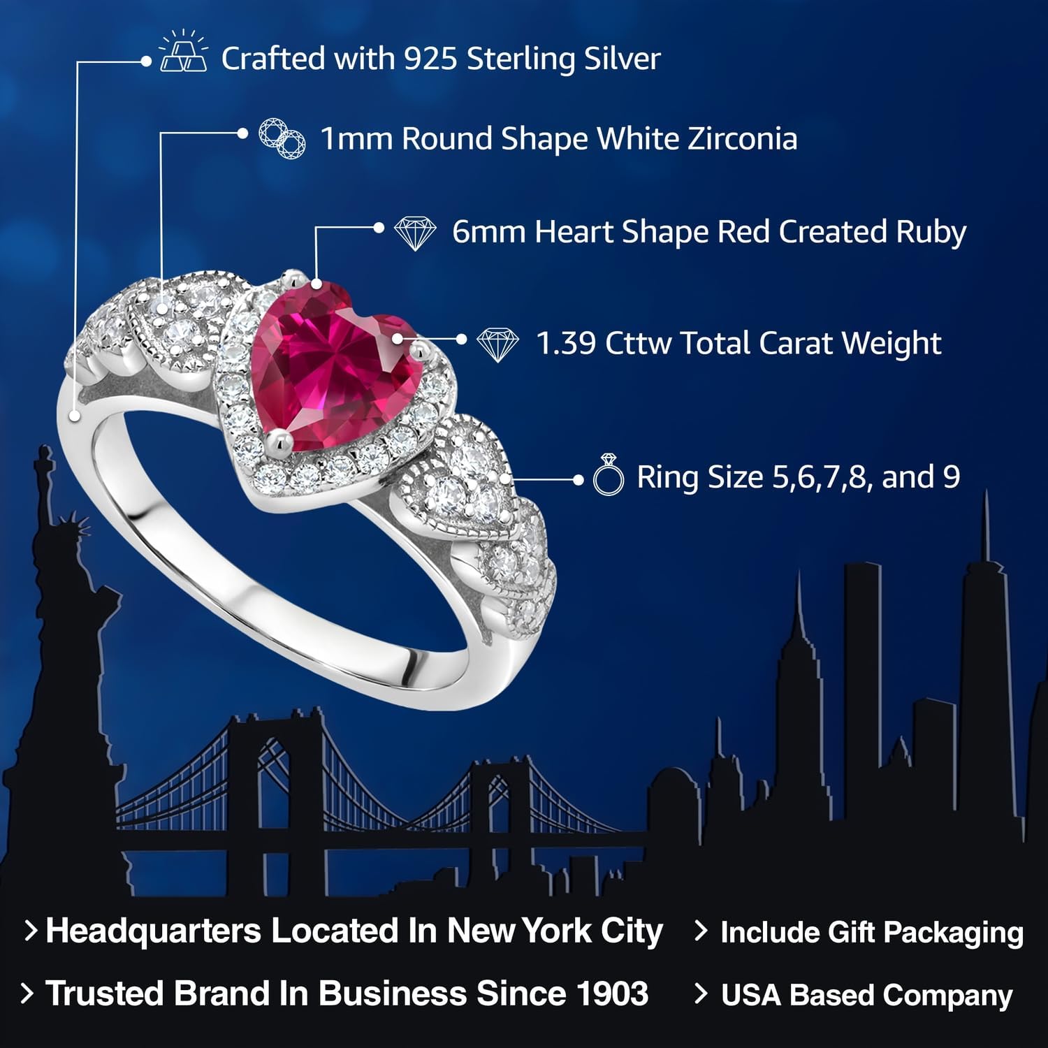 Gem Stone King 6MM Heart Shape Engagement Ring For Women | 925 Sterling Silver | Gemstone Birthstone | Wedding Engagement Anniversary Promise Ring | Available In Size 5, 6, 7, 8, 9