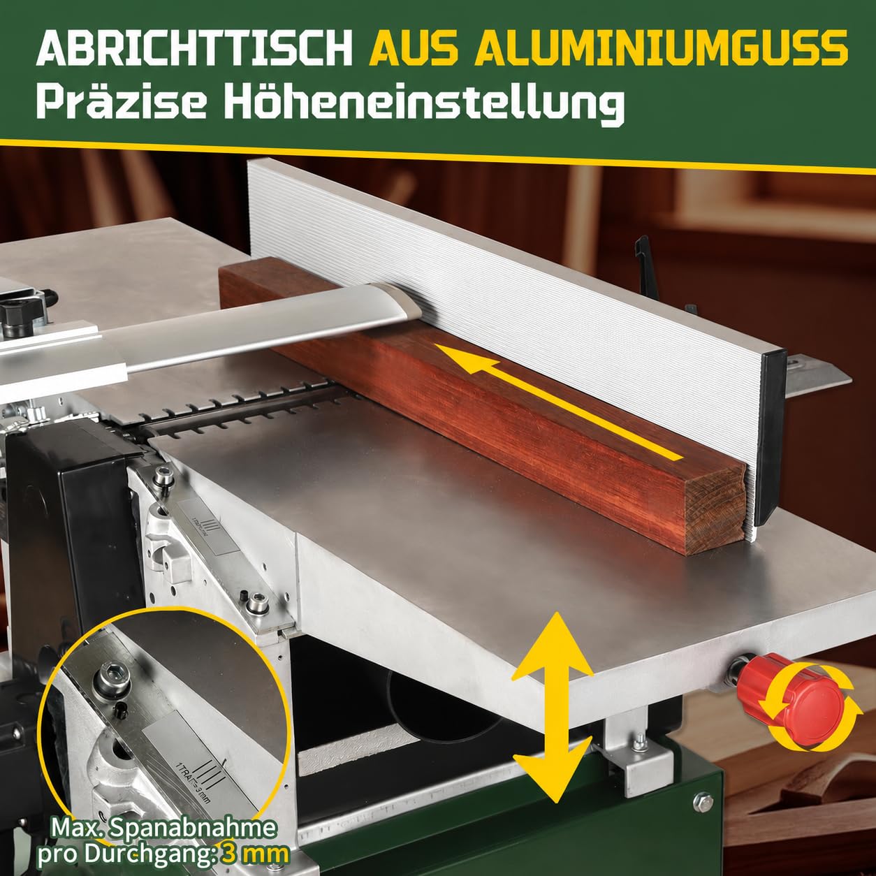 PT260A Hobelmaschine, Abricht- & Dickenhobelmaschine, 2200 W, 260 mm Hobelbreite, 160 mm Durchlasshöhe, 6500 U/min, 3 mm Spanabnahme, Abrichtanschlag, kompakt & mobil