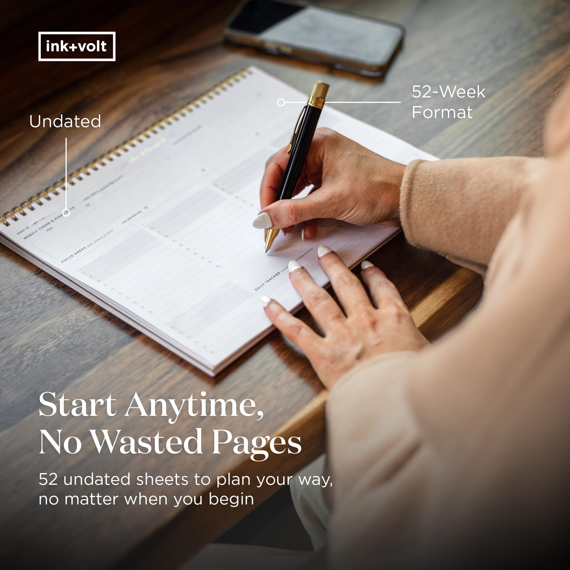 Ink+Volt Dashboard Spiral Deskpad | Agenda settimanale non datata con 52 fogli non datati, pianificatore di produttività premium, lista settimanale minimalista delle cose da fare per lavoro e studio |