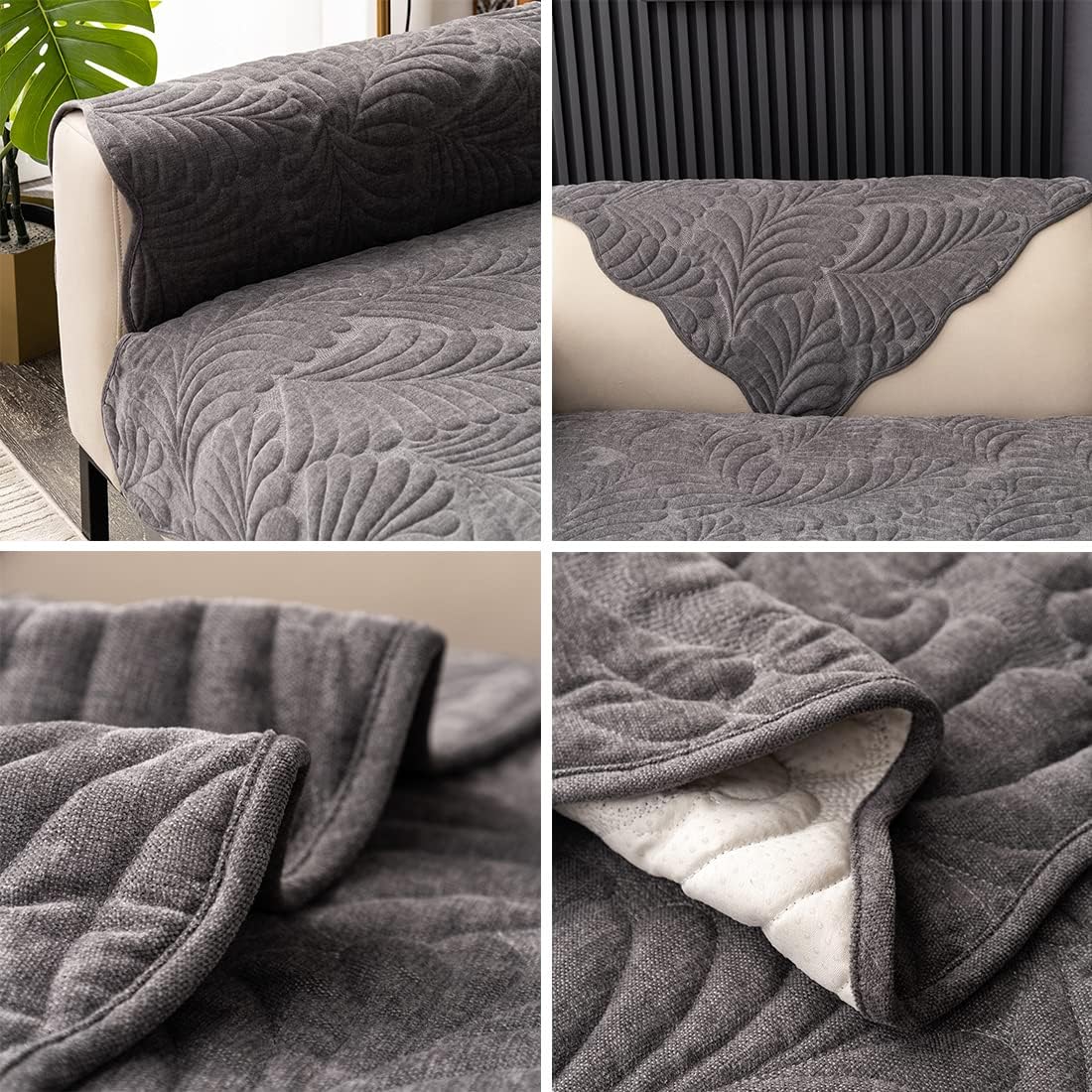 vctops Chenille Leaf Quilted Sofa Couch Cover Scalloped Edge Sectional Couch Cover Super Soft Non Slip Sofa Slipcover Furniture Protector for Pets Kids Children Dog Cat (Dark Grey,28"x70")