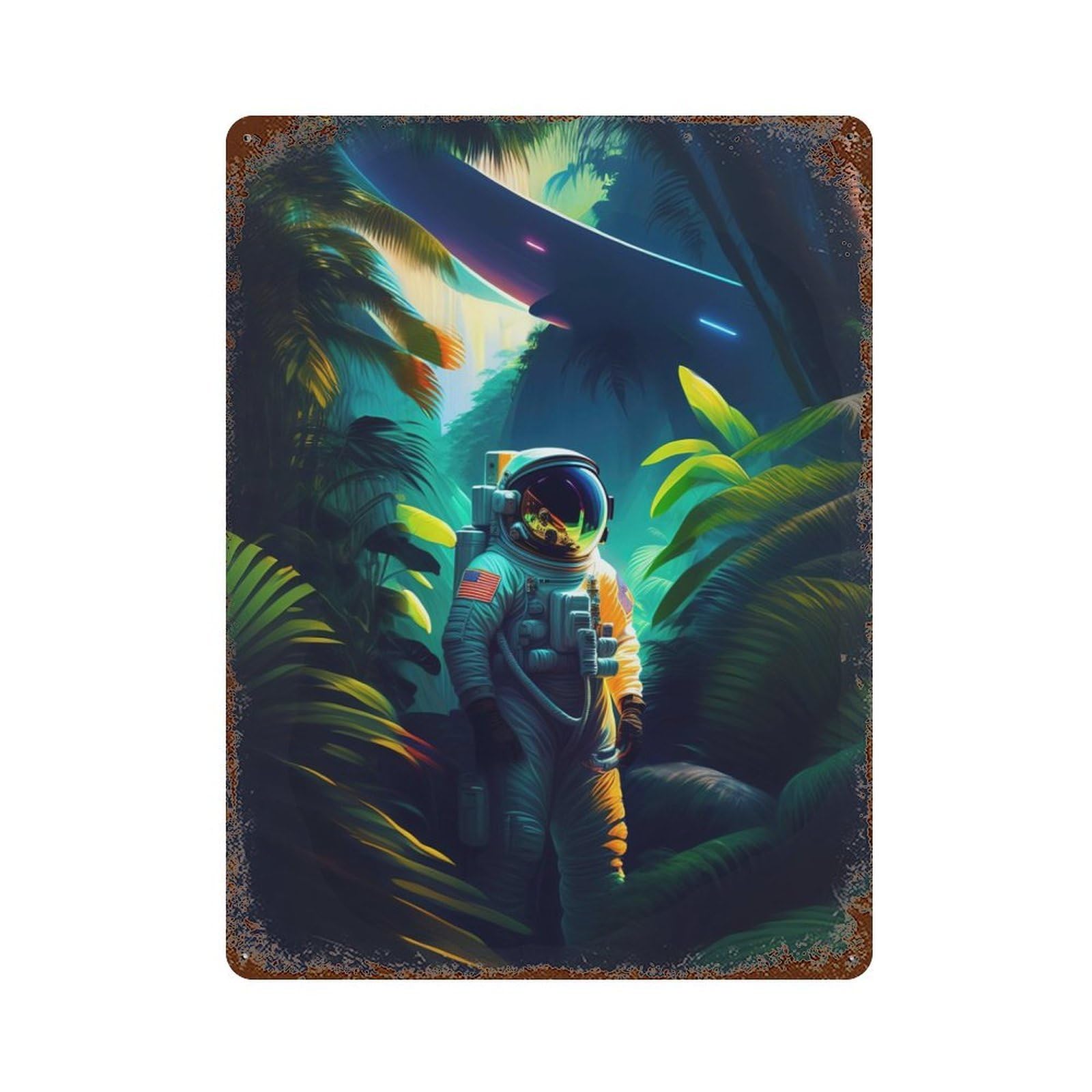 Garage Style Astronaut In The Jungle Rust Effect Tin Sign 15.7"x11.8", Industrial Home Decor for Bar And Workshop
