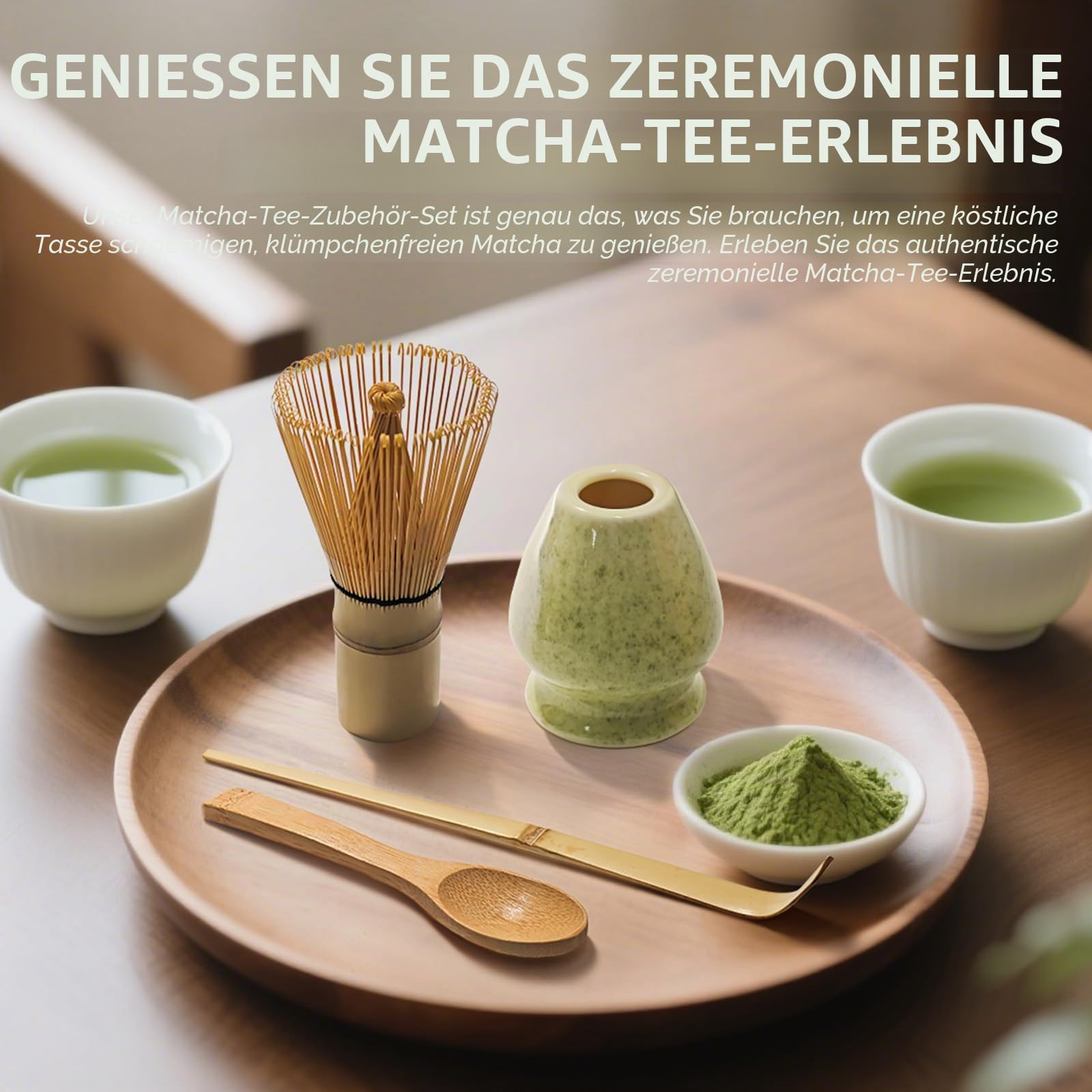 4 Piece Matcha Set, Matcha Broom, Macha Tea Set with Matcha Spoon, Whisk Holder, Matcha Besen, Matcha Zubehör Traditional Japanese Tea Ceremony Best Gift for Matcha Lovers, Grün gesprenkelt